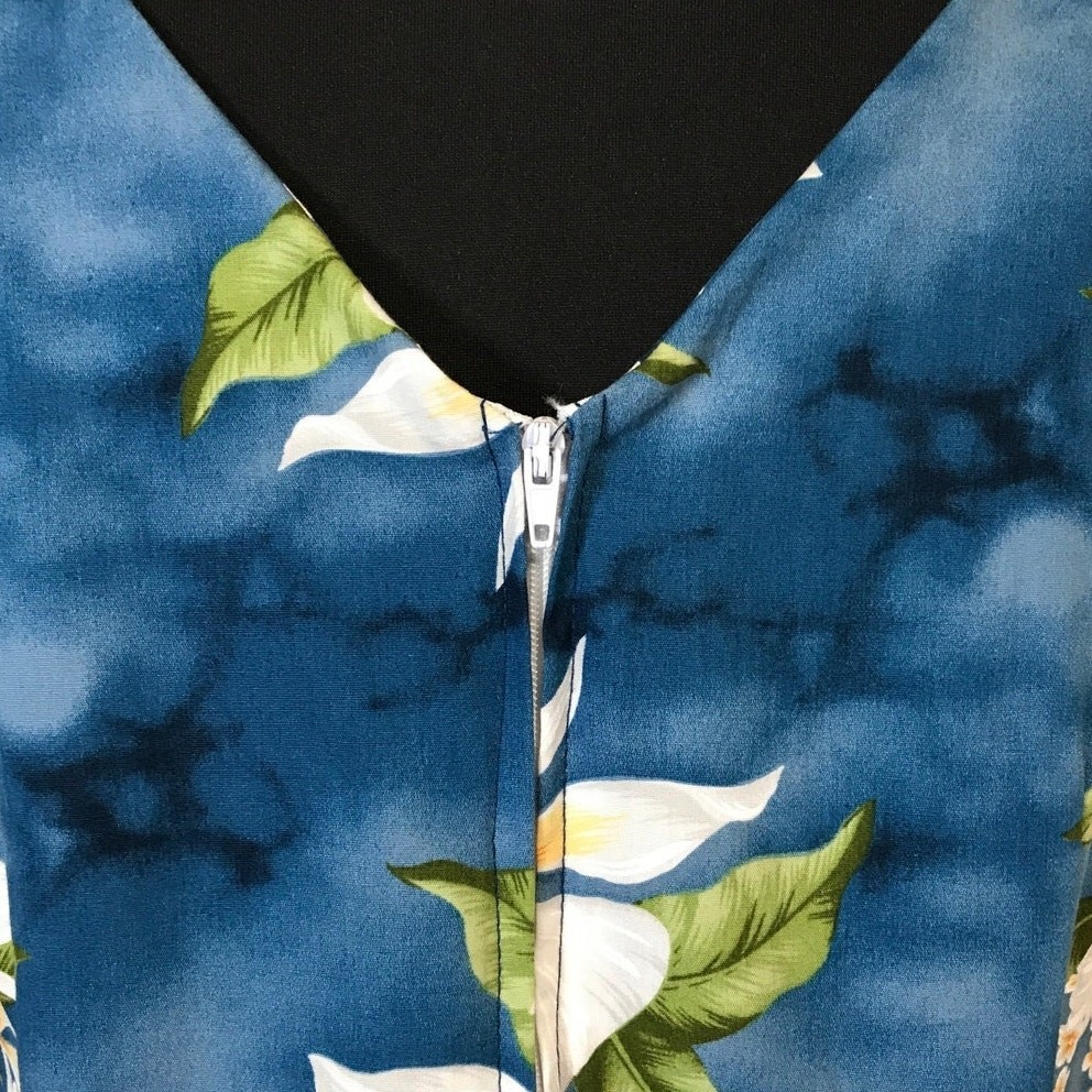 Jade Fashions Vintage Blue Hawaiian White Ginger Tank Maxi A-line Dress Women L