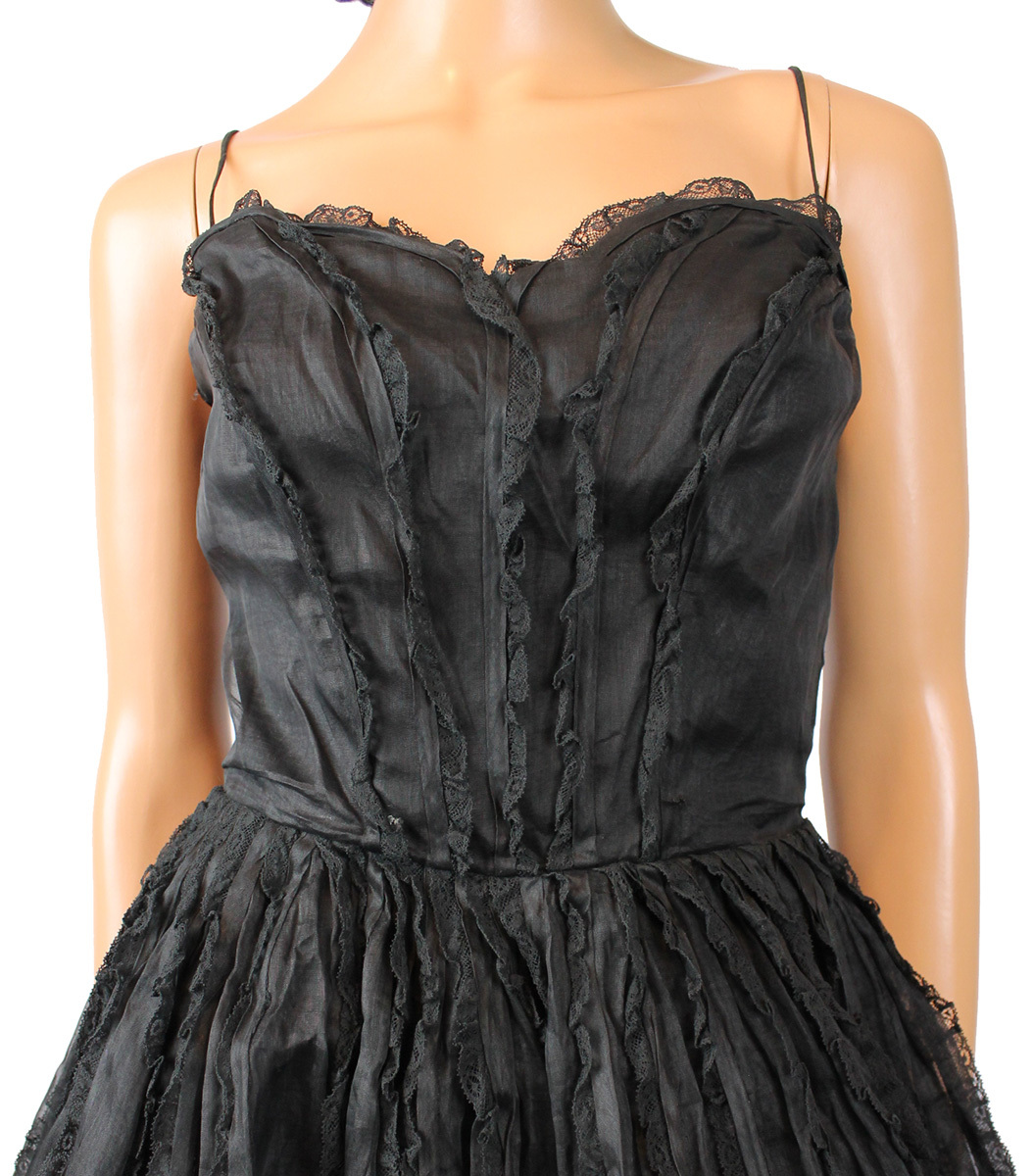50s Prom Dress XS Vintage Black Sleeveless Organdy Chiffon Lace Cocktail Gown