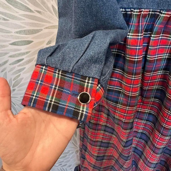 Vintage Alexandra Lee Denim & Plaid Prairie Dress Cottagecore Midi USA Size 6