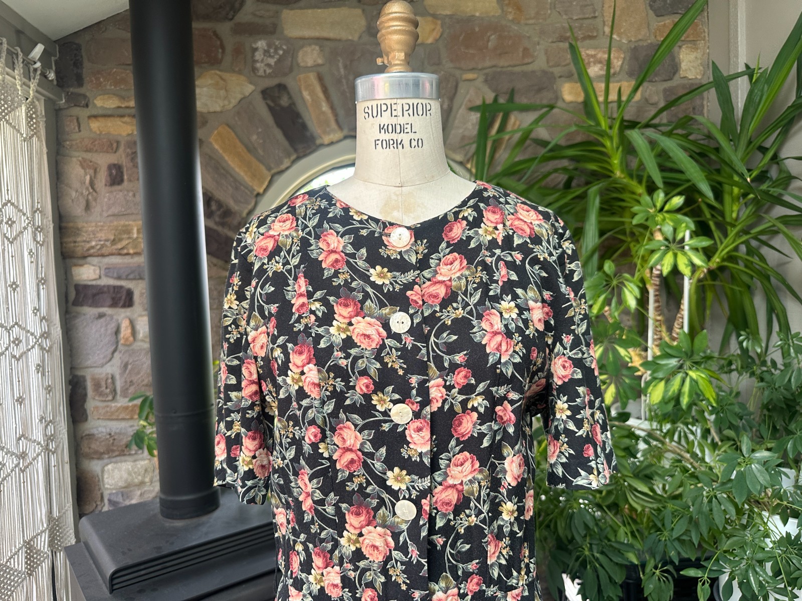 Vintage 1980s Black Pink Green Floral Rayon Dress
