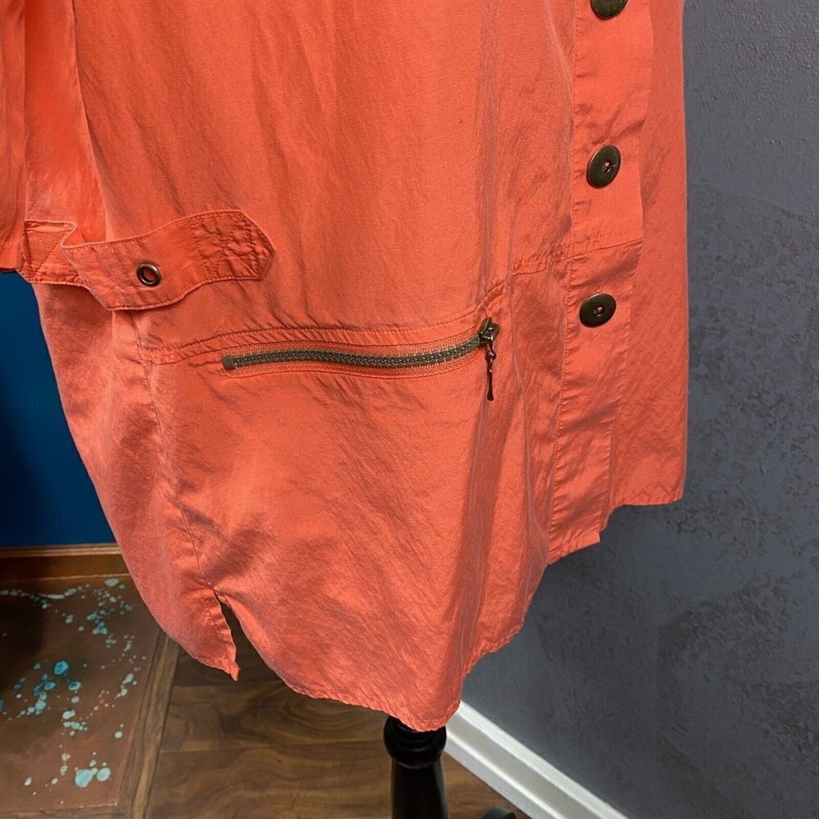 Alain Weiz Vintage Salmon Silk Blend Safari Button-Up Shirt Sz 14 Coral Utility