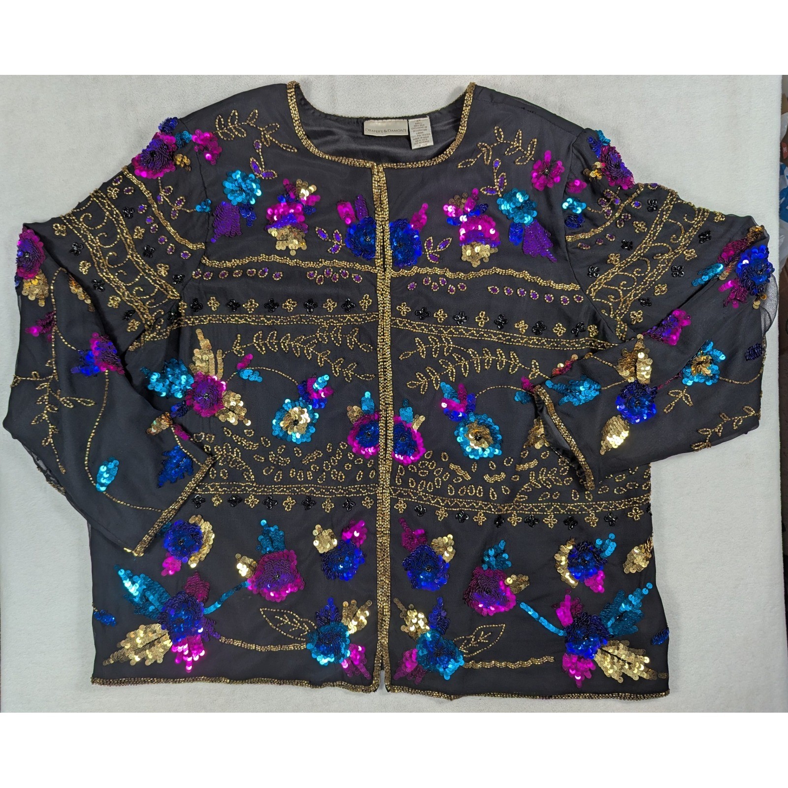 Drapers & Damon’s Vintage Silk Sequin Beaded Floral Evening Jacket Black Plus 2X