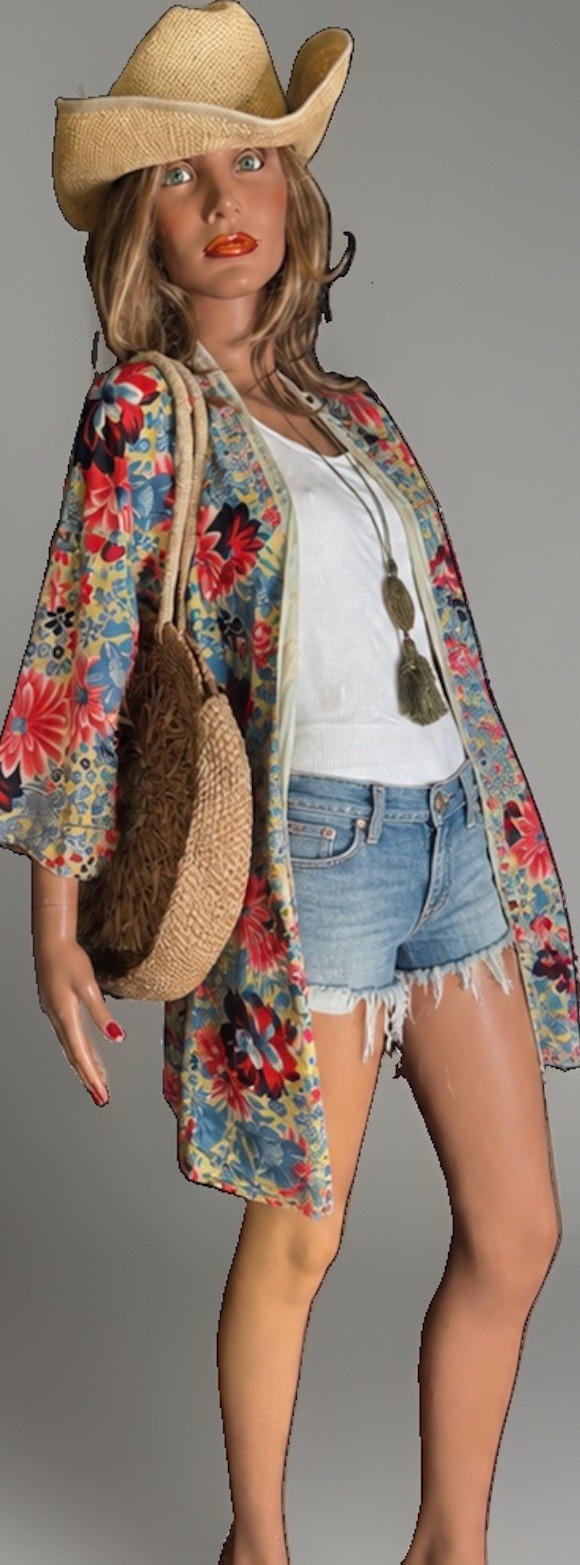 VTG 1960s Floral Cotton Japanese Kimono Jacket Cover-Up Boho Hippie Festival OS