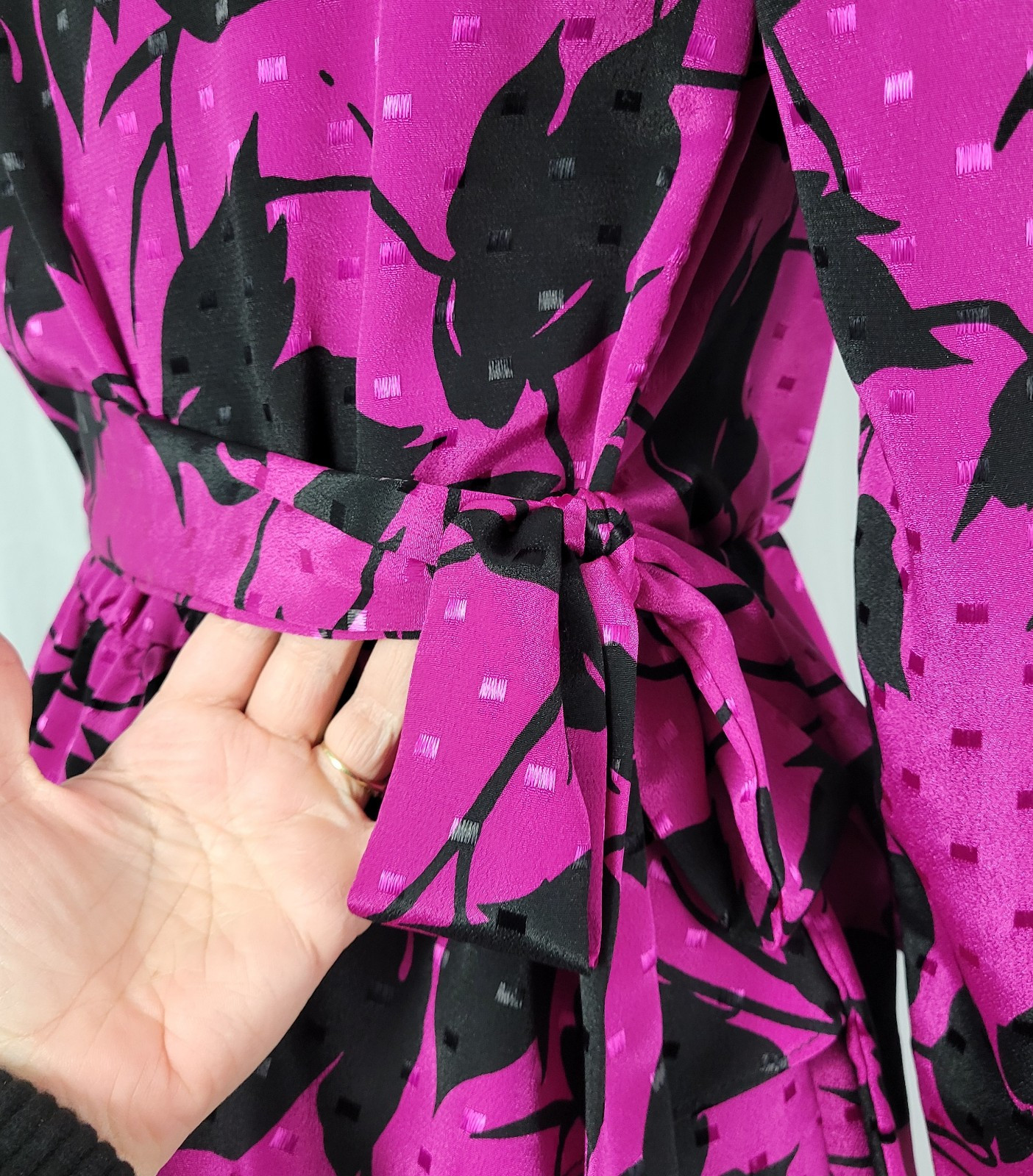 Vintage Jody of CA Pink & Black Faux Wrap Dress w Peplum & Tie Back Size 3/4