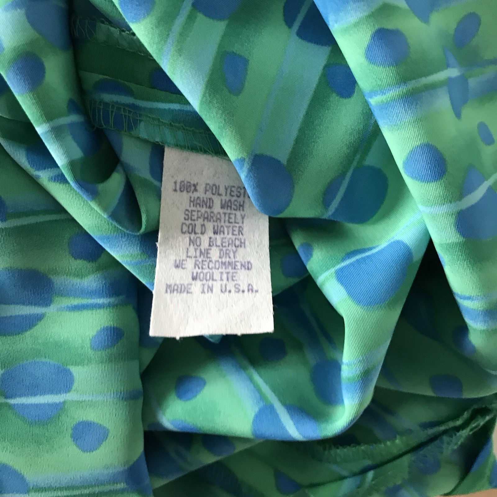 Vintage Dress Sz 10 Long sleeve Abstract Geometric Long Tie Belt Blue Green 70s