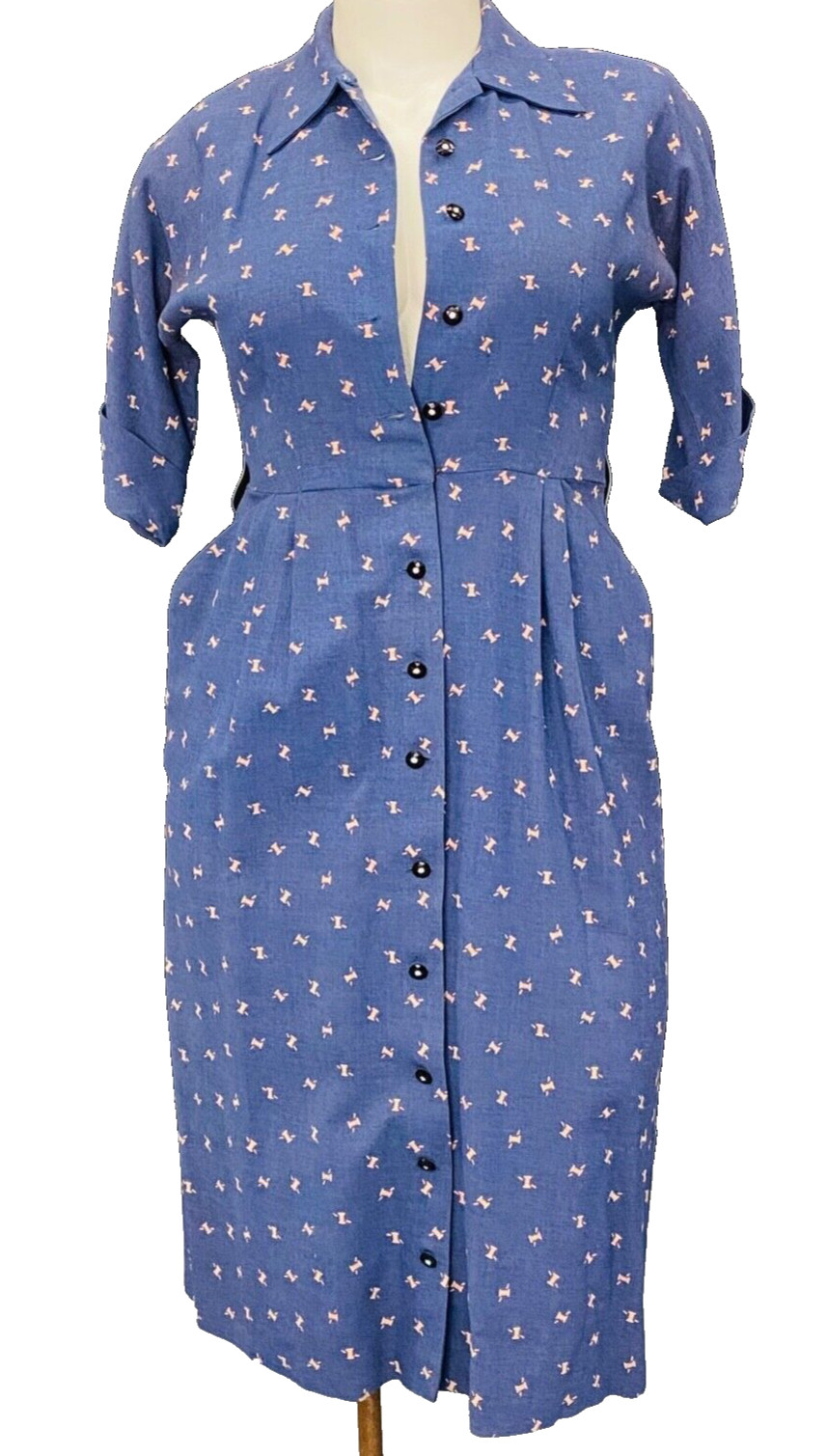 Vintage 1940s blue linen dress novelty print thread needle wiggle short sleeve L