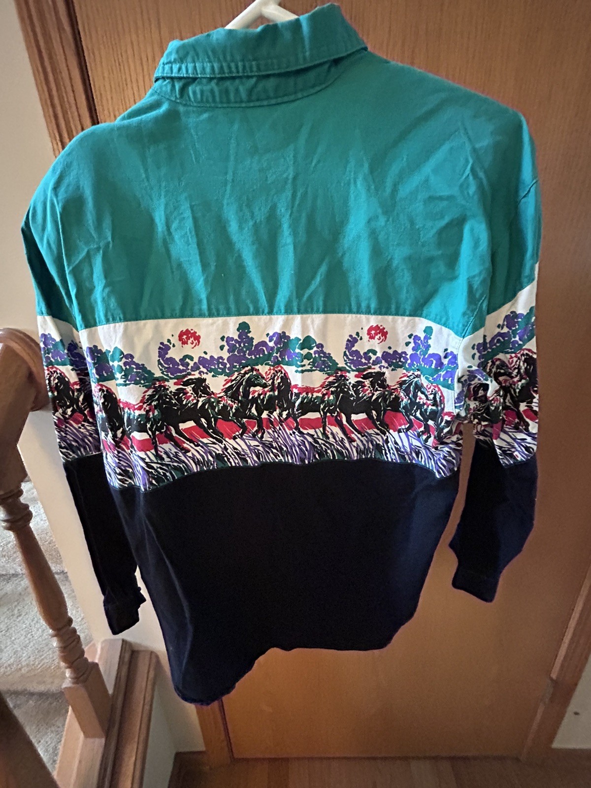 Southwest Canyon Vintage 1992 Cotton Horses Button Down Shirt Teal Black Medium