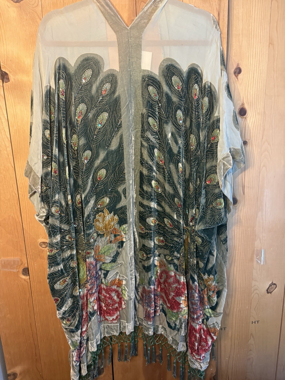 Kimono Duster Jacket Peacock Floral Velvet Beaded Burnout Coverup OS L/XL/1X/2X