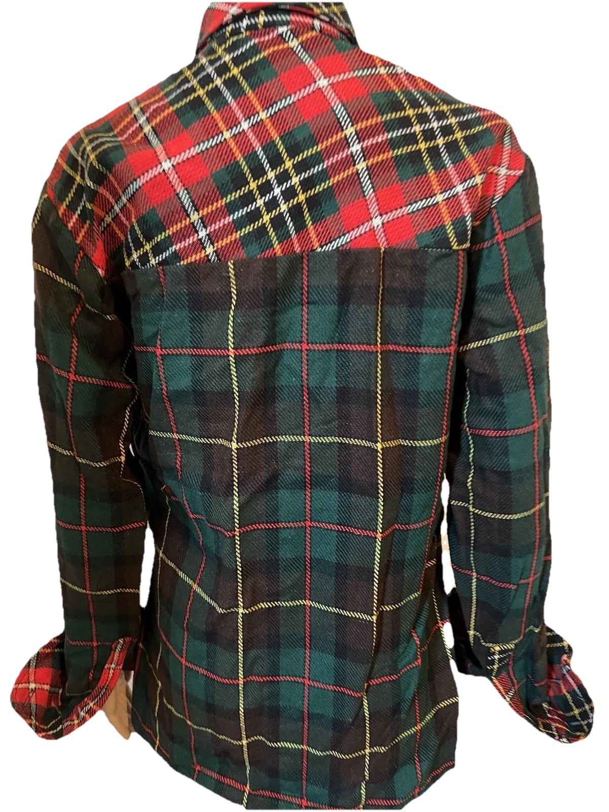 Vintage 1970s Green/Red Tartan Plaid Wool Blouse Women’s L Wide Collar Pockets