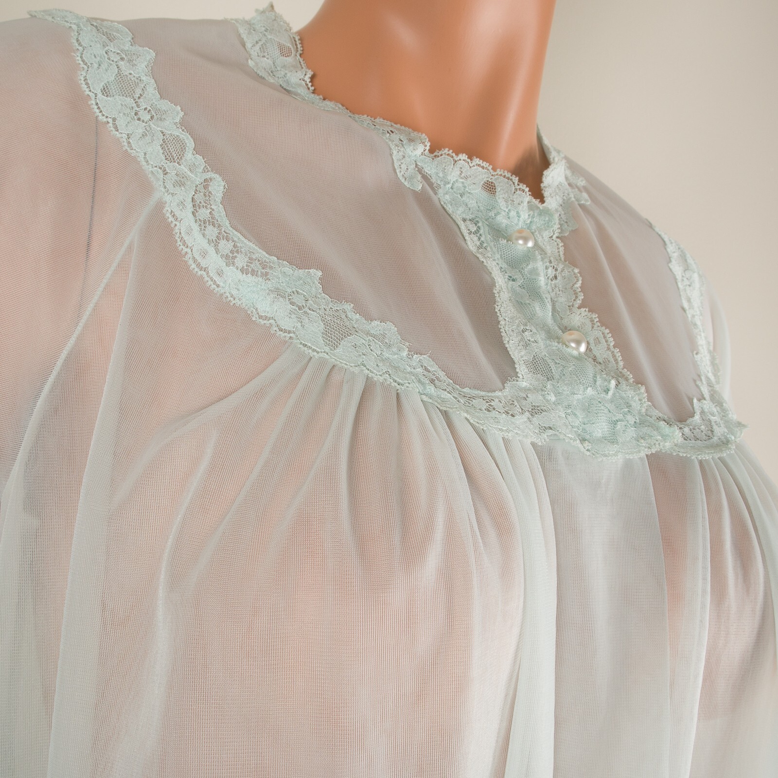 💖 SHADOWLINE Double Chiffon Mint Green Peignoir Robe Gown Nylon Full Length S