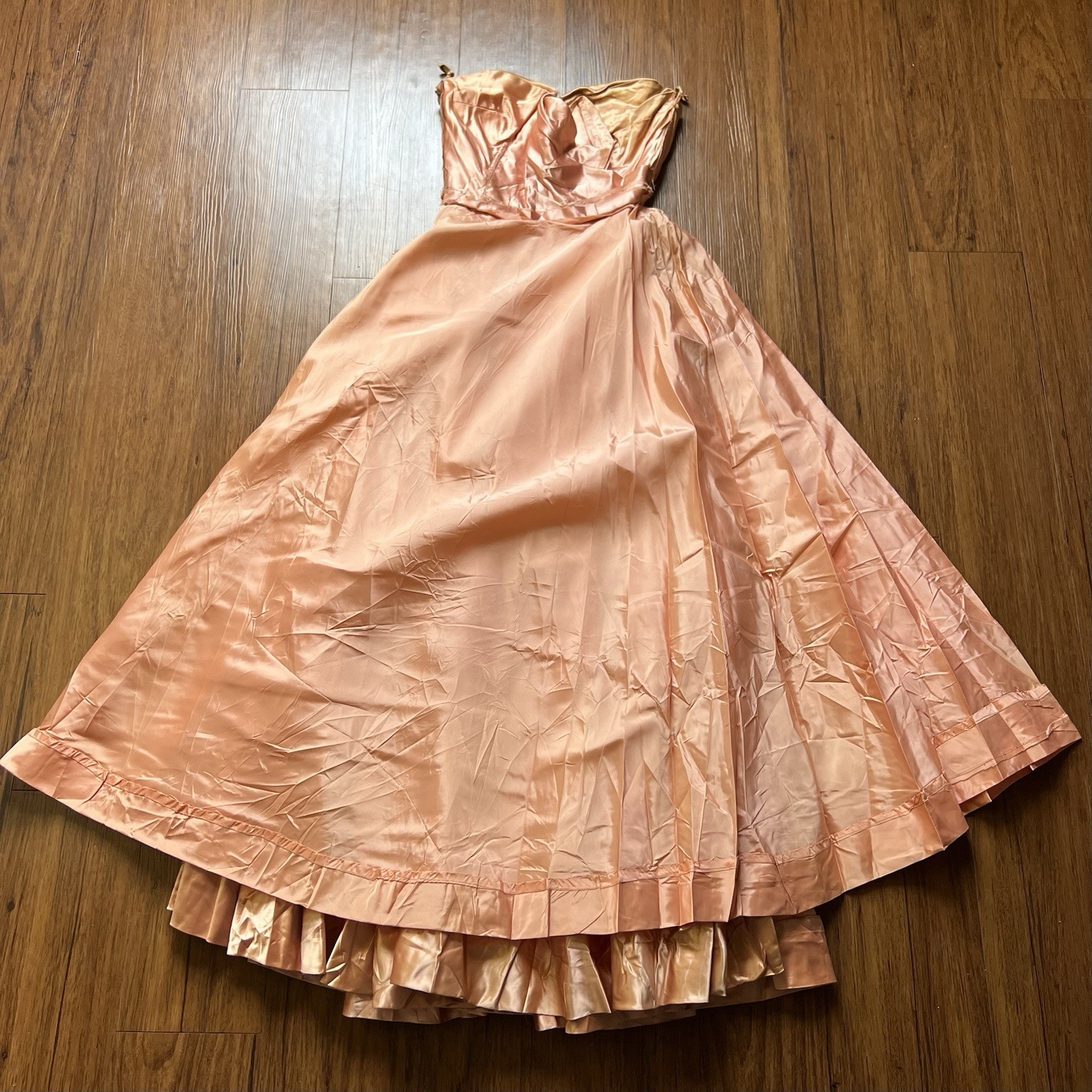 Vintage 40s 50s Ball Gown Strapless Floral Appliques Beaded Maxi Satin Dress MCM