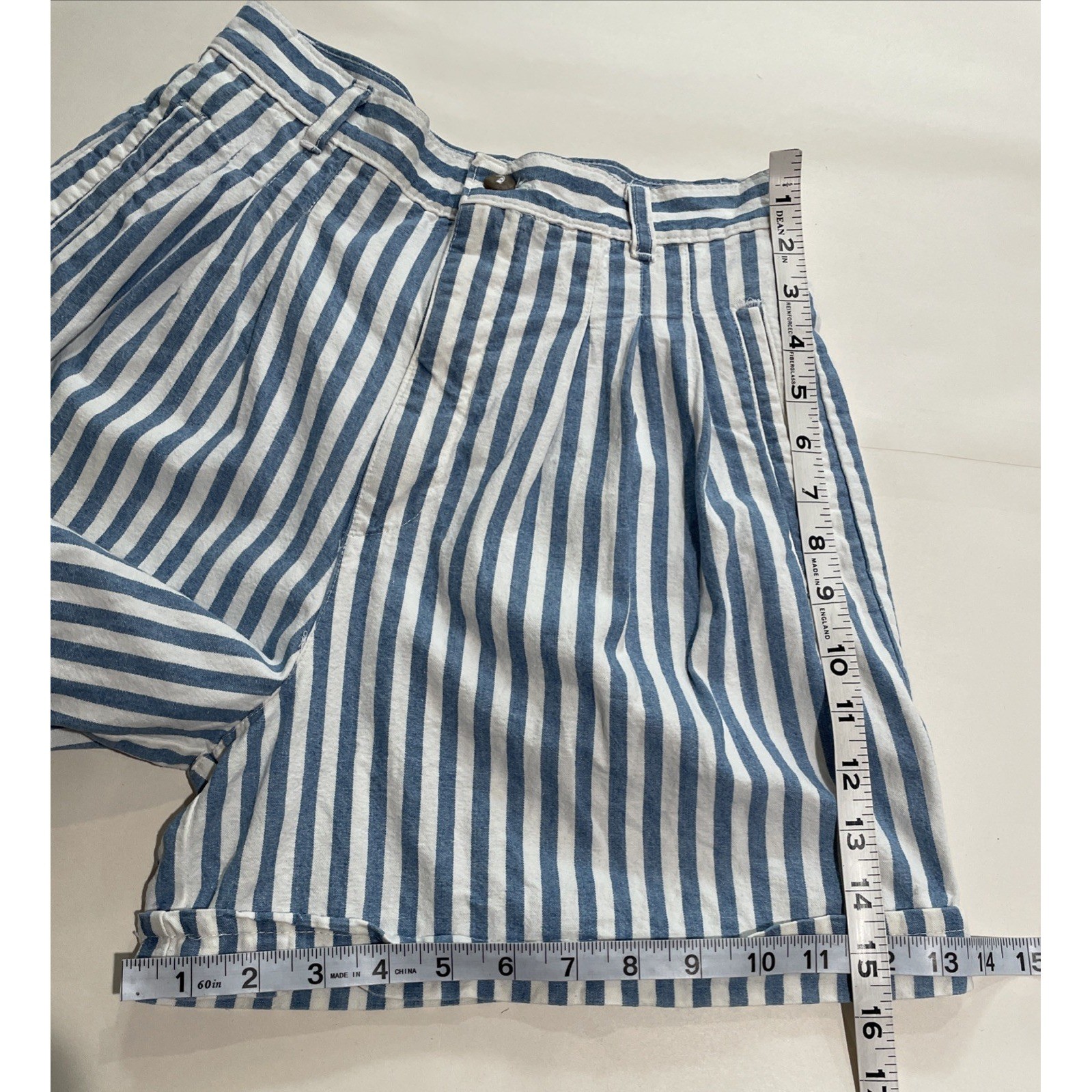 VTG 80s Stripe Short High Waist Pleated White Blue 100% Cotton SZ 5/6