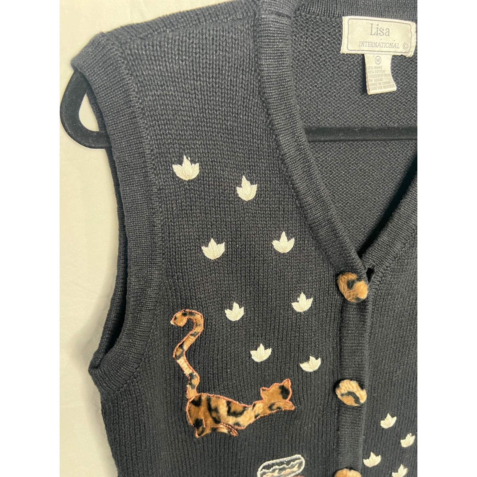 VTG Black Knit Cotton Fur Vest Cat Fish Bowl Grannycore Sz M Lisa International