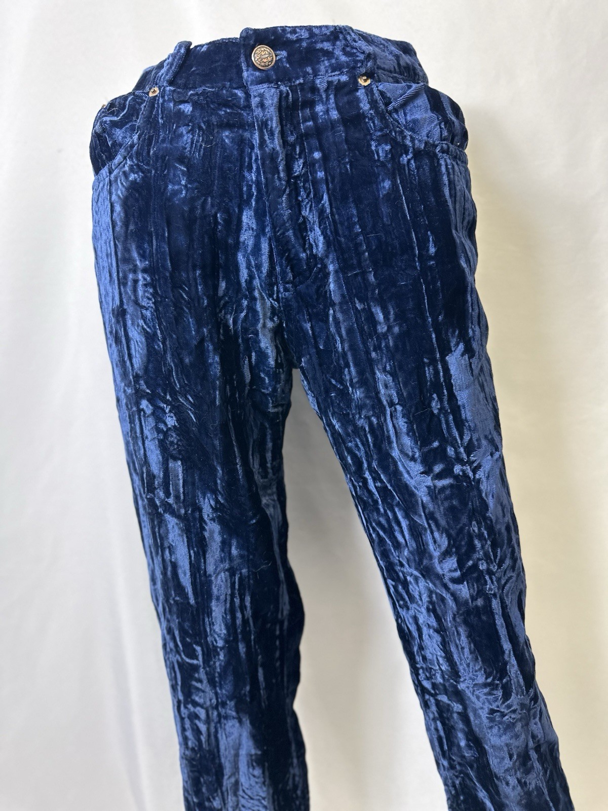 Vintage Moda Int’l Women’s Sz 4 Crushed Velvet Hi-Rise Straight Leg Pants Blue