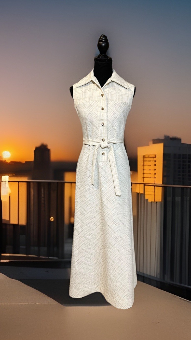 Nancy Greer Vintage White Long Maxi Dress Gold Sparkling Stripes Sleeveless Sz S