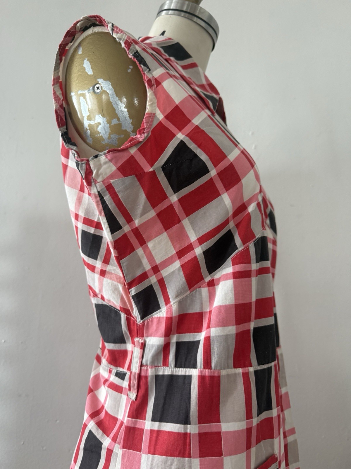 30s Glazed Cotton Plaid Pointed Collar 1/4 Zip Halter Dress Midi Sportswear S/M