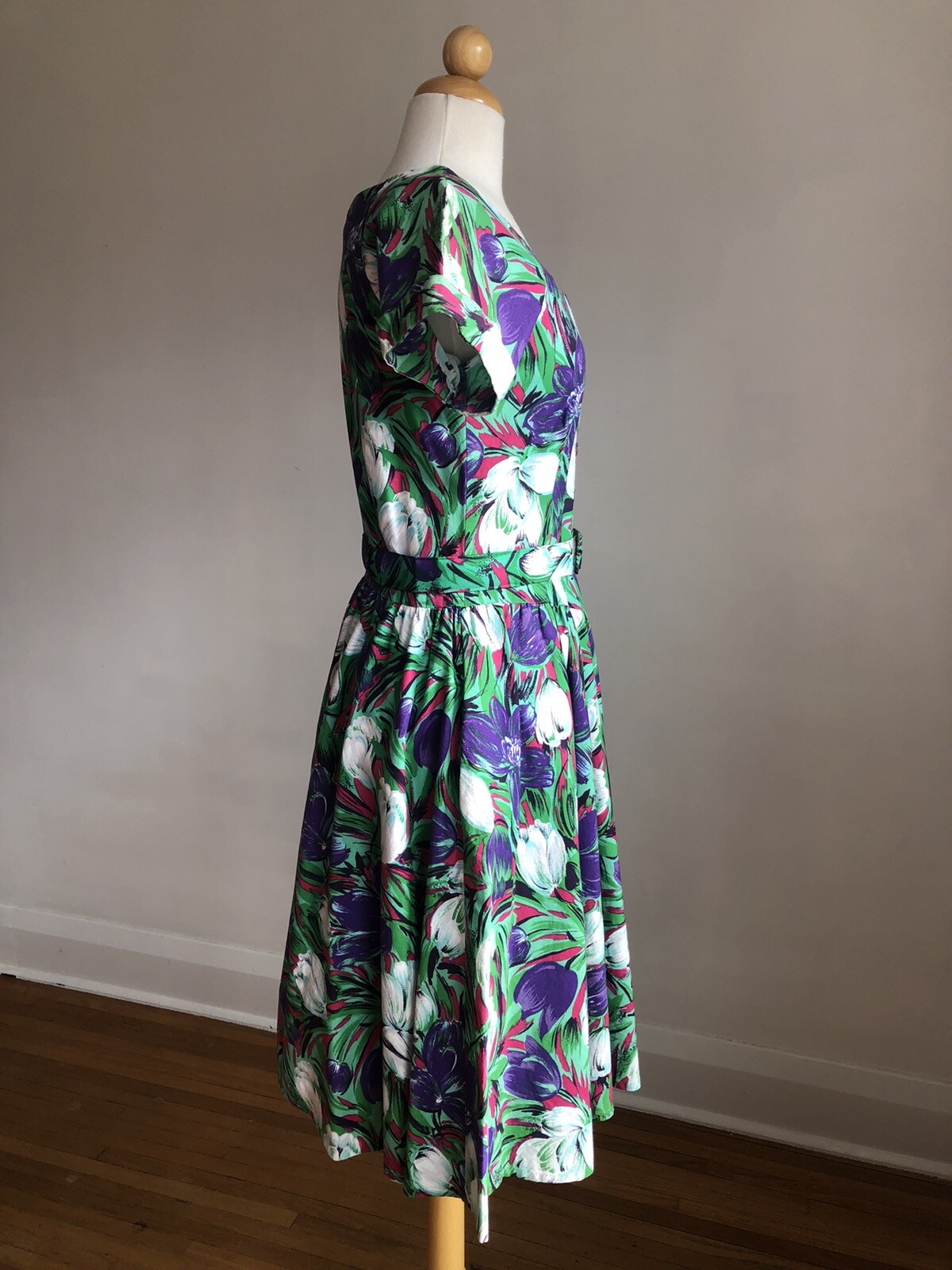 STUNNING VTG S.L. PETITES Floral 100% Cotton Belted Dress SZ XS/S