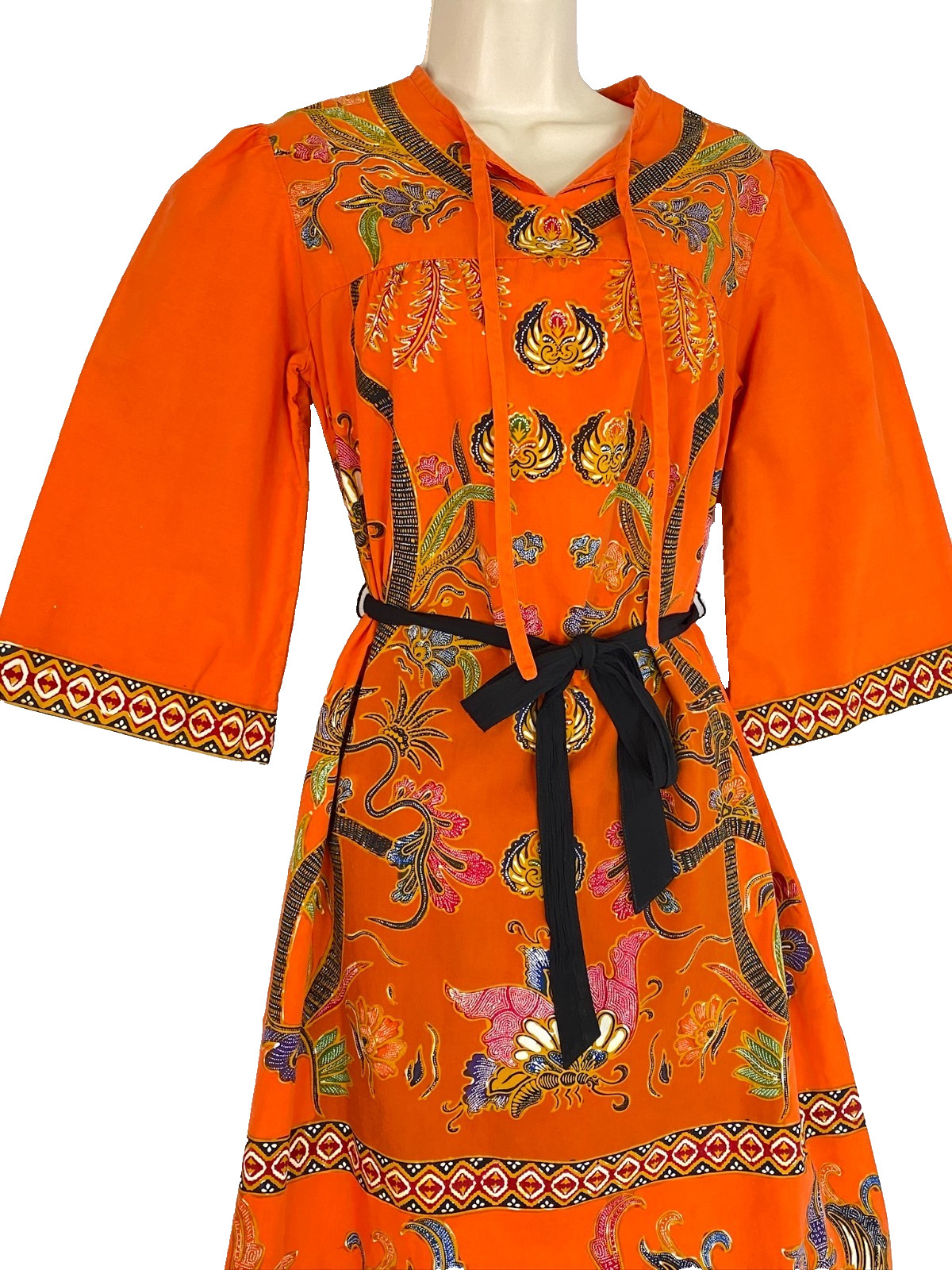 Vintage 1970s orange dress S cotton 1/2 sleeve A line tunic batik boho knee midi