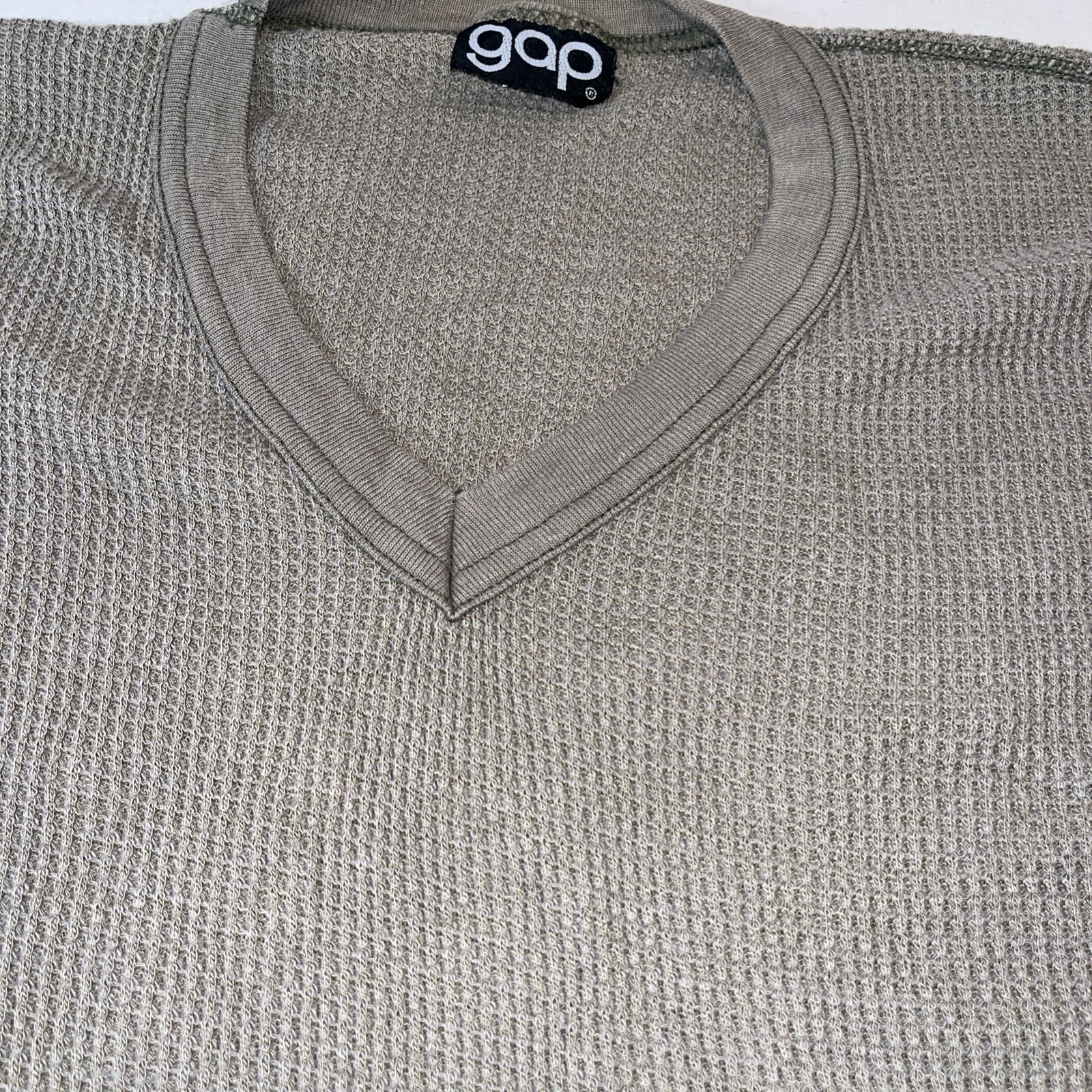 Gap Waffle/Thermal Shirt Olive Medium Long Sleeve V Neck, Vintage 1980