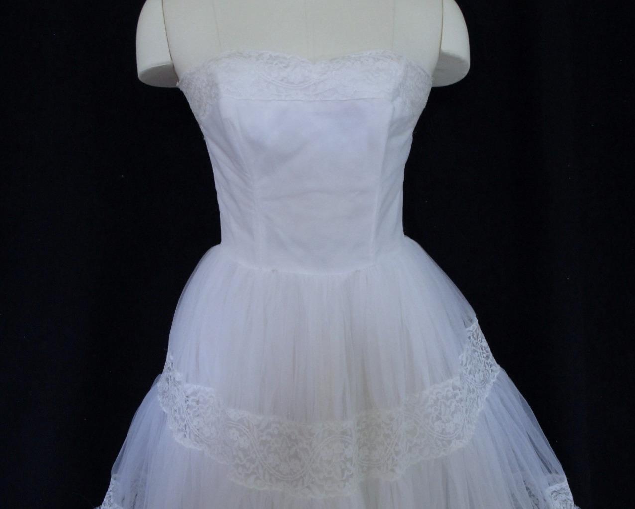 Vintage 50s Emma Domb White Tulle & Lace 2pc Wedding or Prom Dress Tiered Ruffle