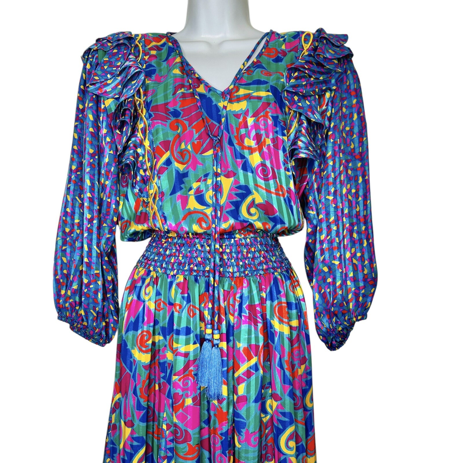 Jaymee Papell Vintage 80’s Beautiful Maxi Dress Cinch Waist Tussles Artsy Sz.Sm