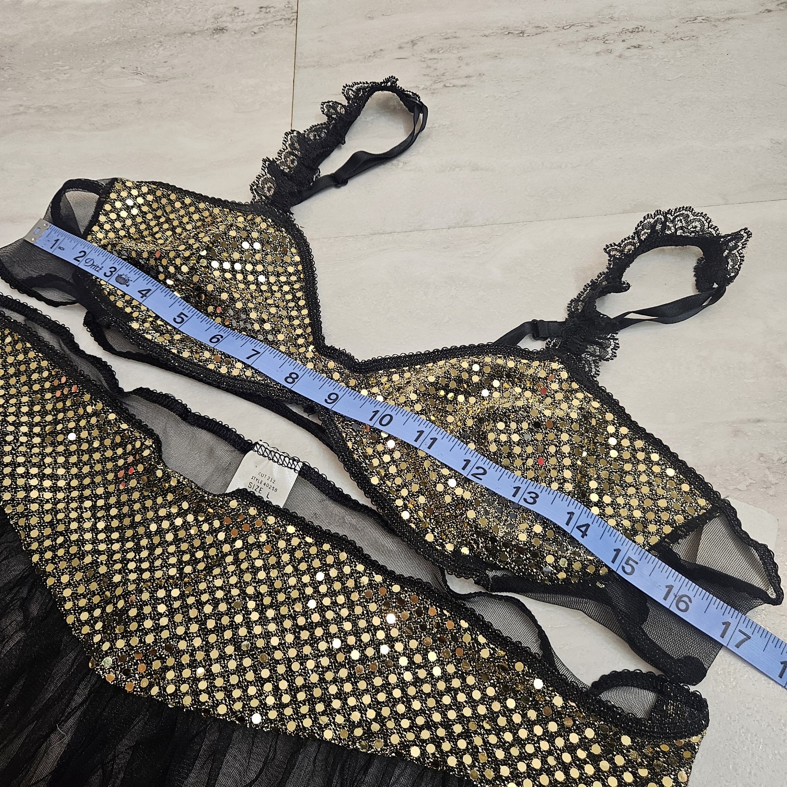 VTG Frederick’s of Hollywood Sheer Mesh Harem Pants Bra Set Sequin Black L USA