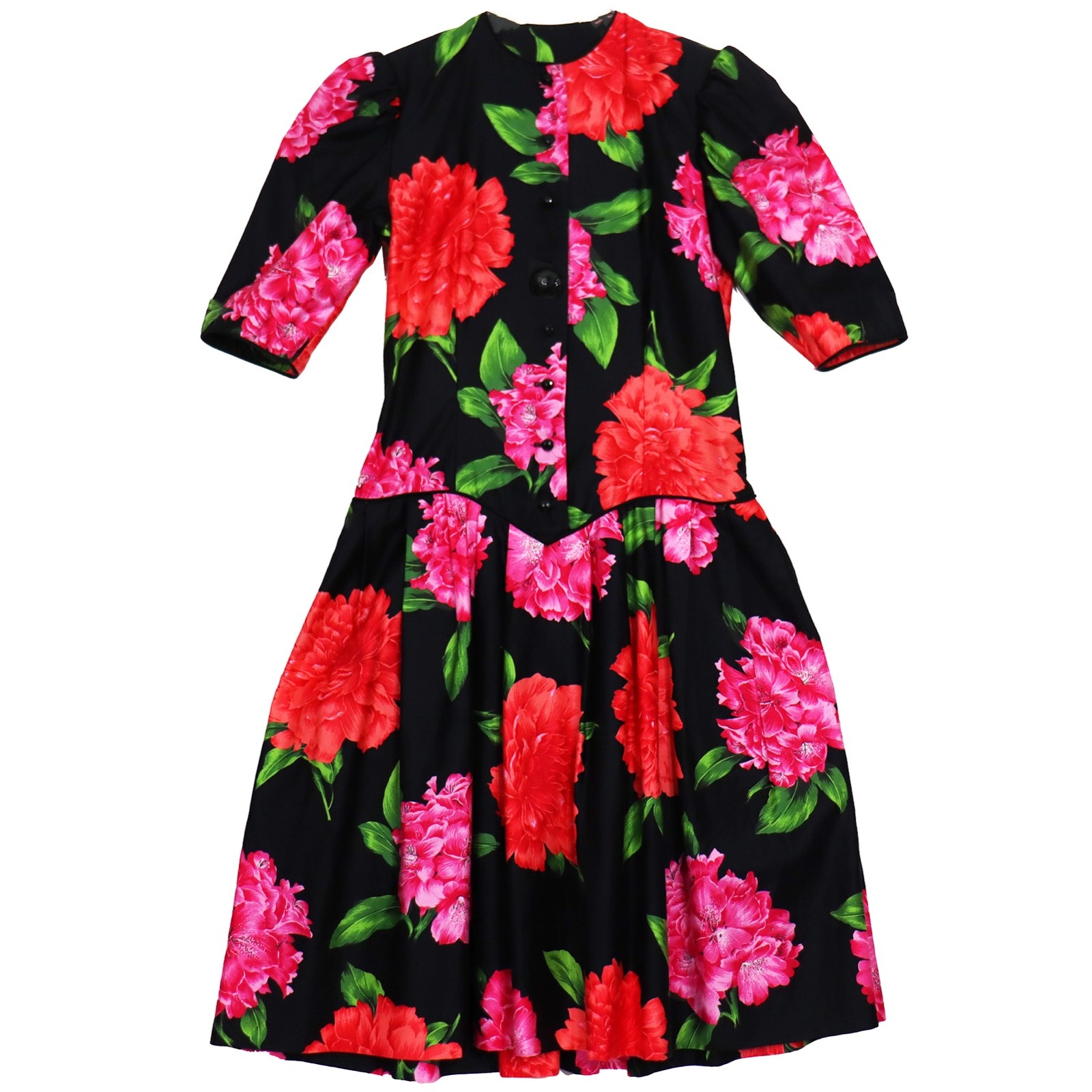 Vtg 80s Kappi Drop Waist Dress Polished Cotton Floral Peony Chintz Whimsigoth 6