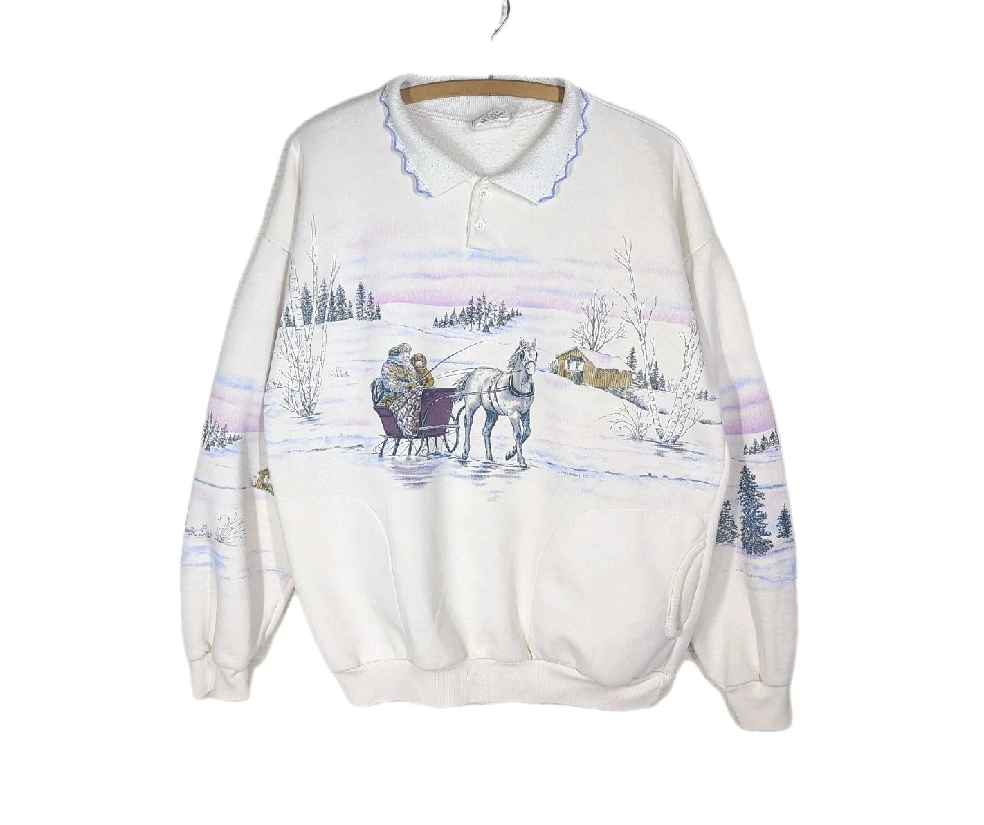 Art Unlimited 1990s Sweatshirt All Over Print Large Crochet Collar Grandma Slay