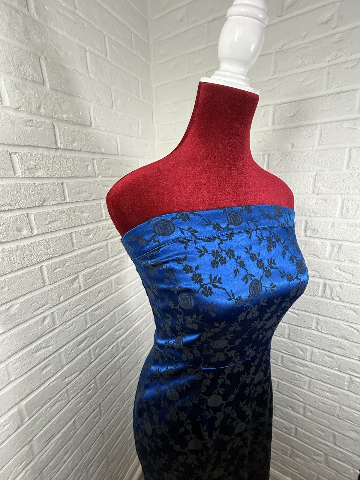 Vintage 90s L.A. Glo S Blue Black Floral Brocade Strapless Maxi Dress USA