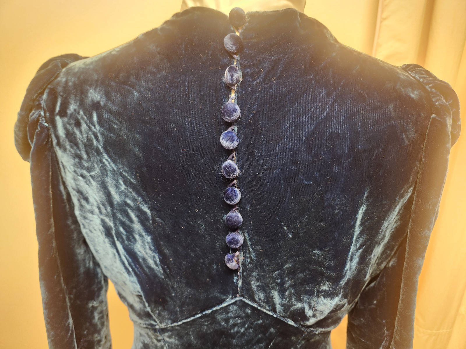 True Very Vintage Blue Velvet Bias Cut Gown*Gown In Gd Condition*Covered Buttons