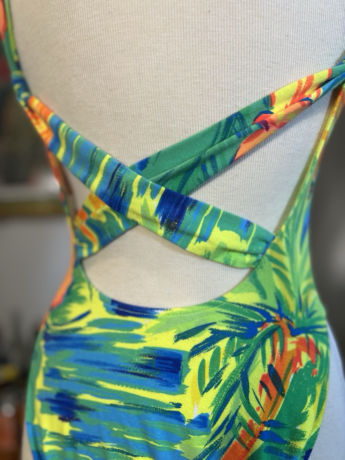 Vintage 1990s Deadstock Neon Hawaiian Criss-Cross Floral Swimsuit