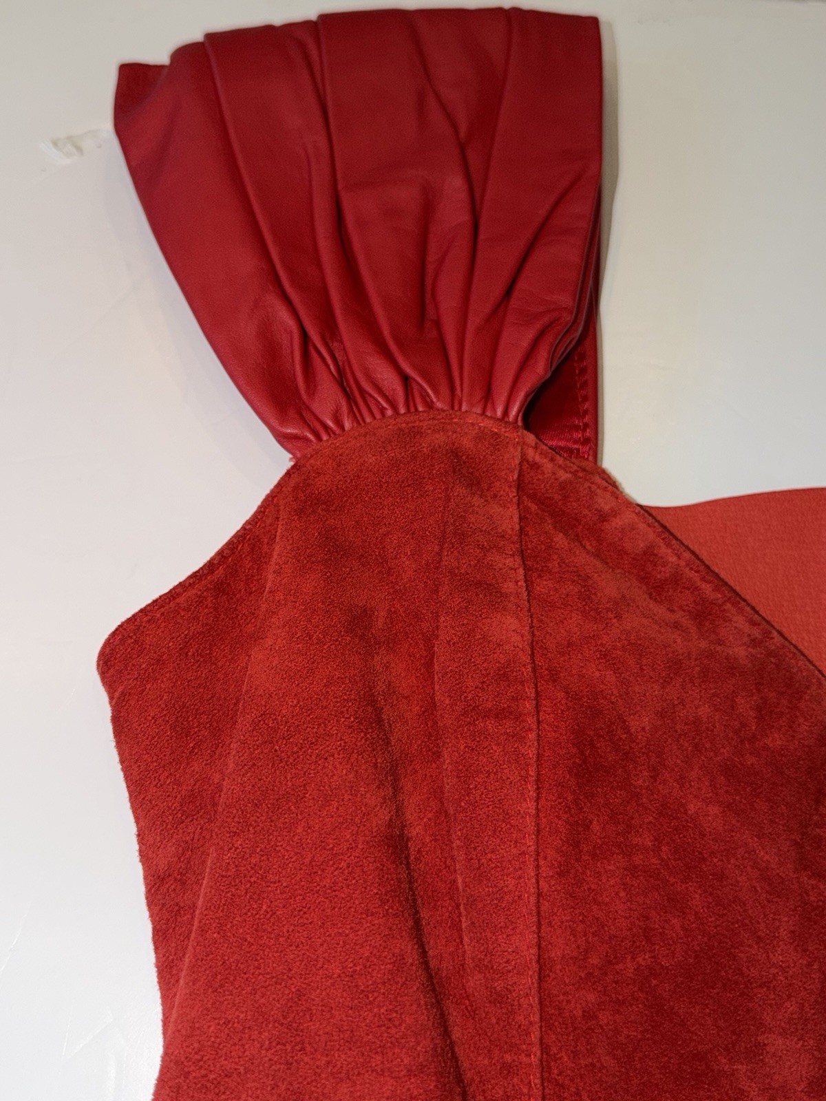 VTG 90’s Leather Ranch Red Mini Suede Cocktail Dress Padded Shoulders Sz 0 NWT