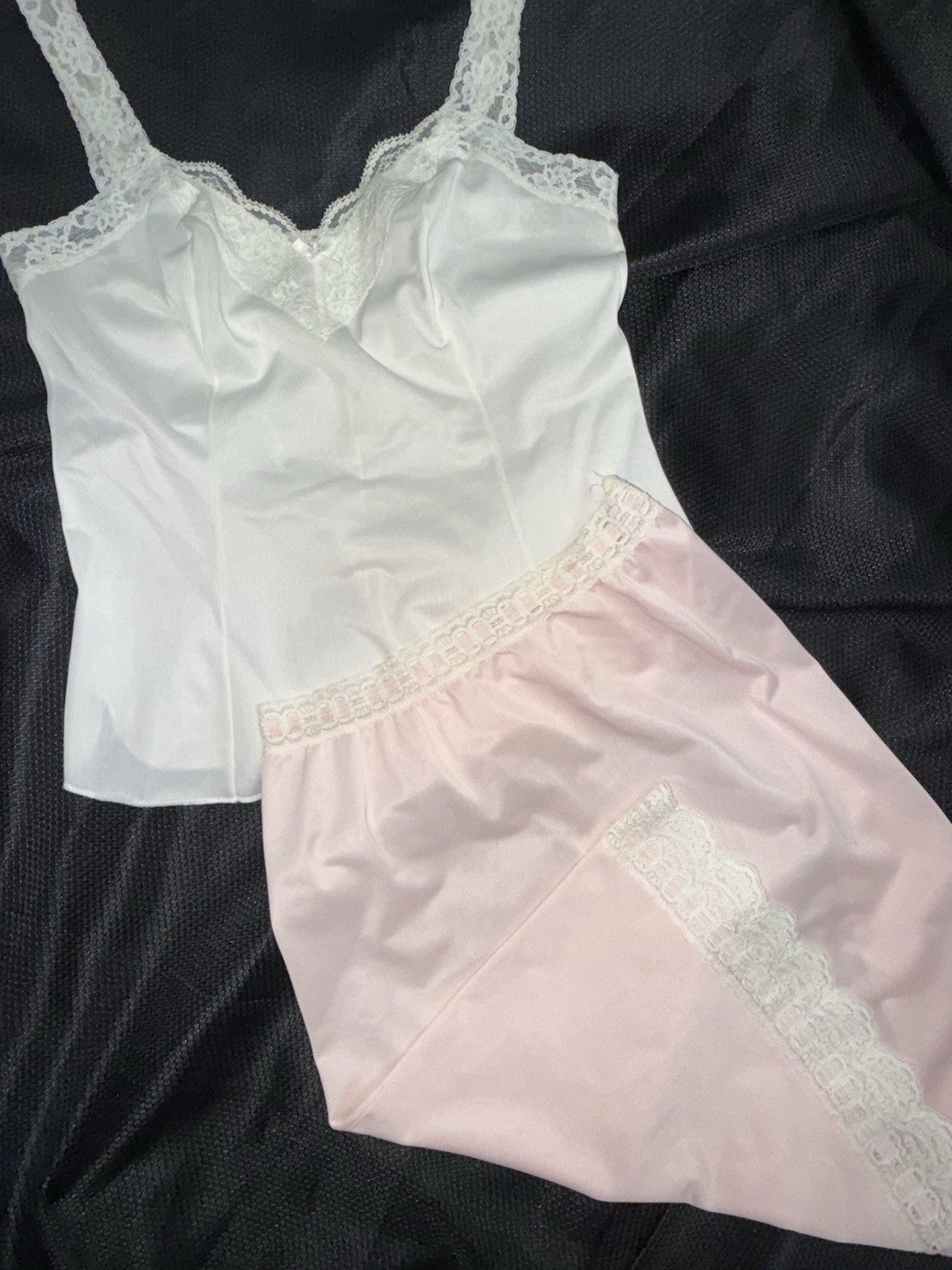 Vtg Olga Half Slip Camisole Cami Top Set Secret Hug Lace Band Pink White S 32 34