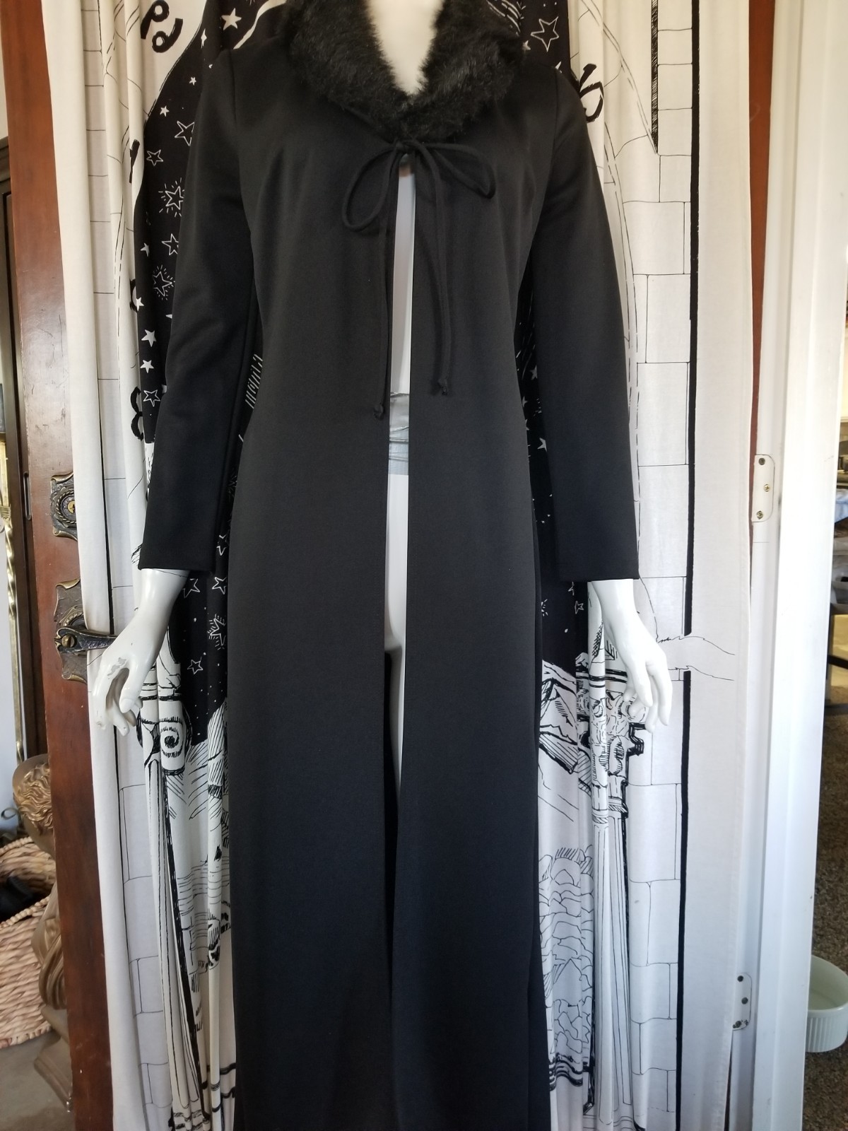 1980’s CALIFORNIA CONCEPTS Black Poly Womens Vintage Jacket Kimono Duster Fur S