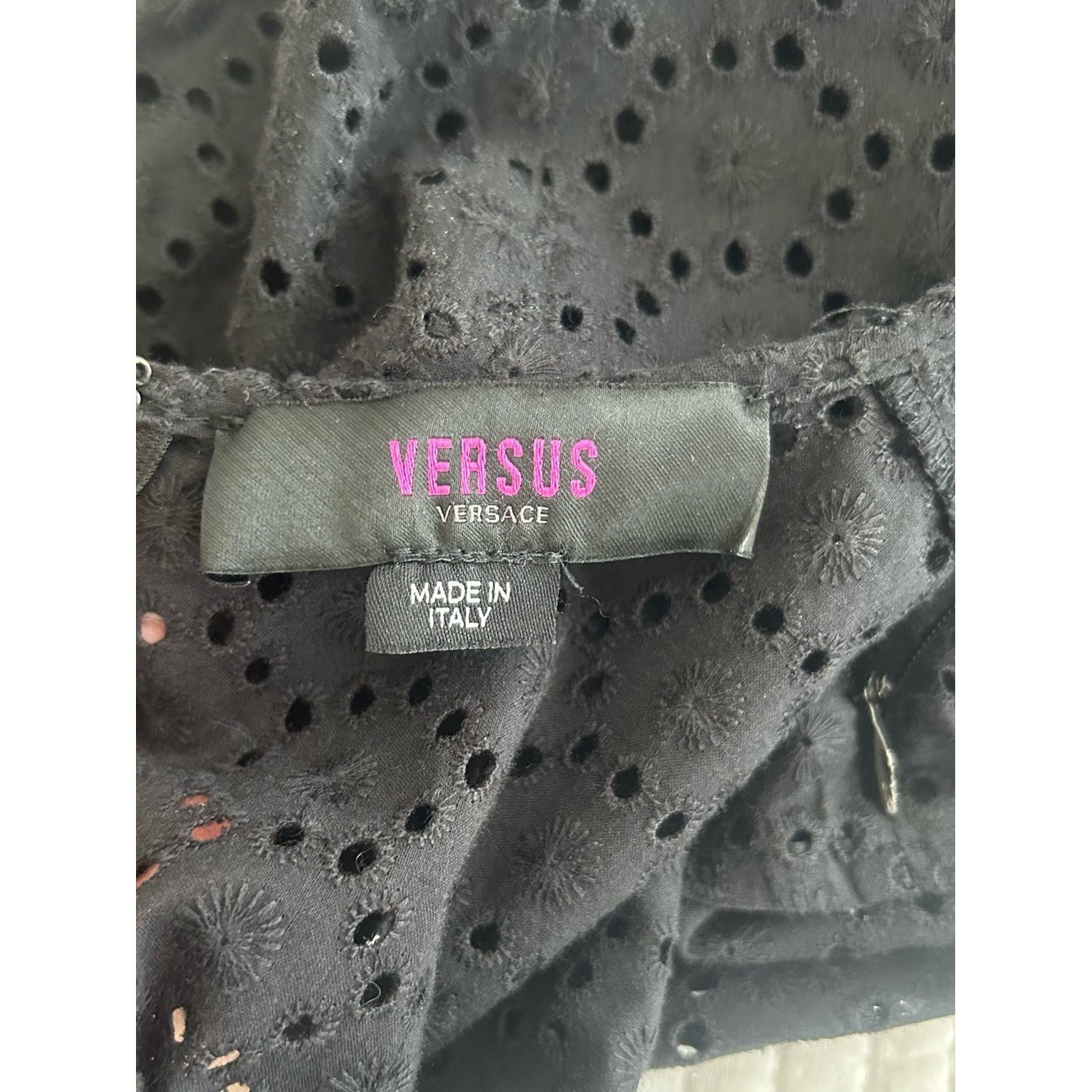 Vintage Y2K Versus Versace Black Cotton Eyelet Lace Short Sleeve Top SZ US 2