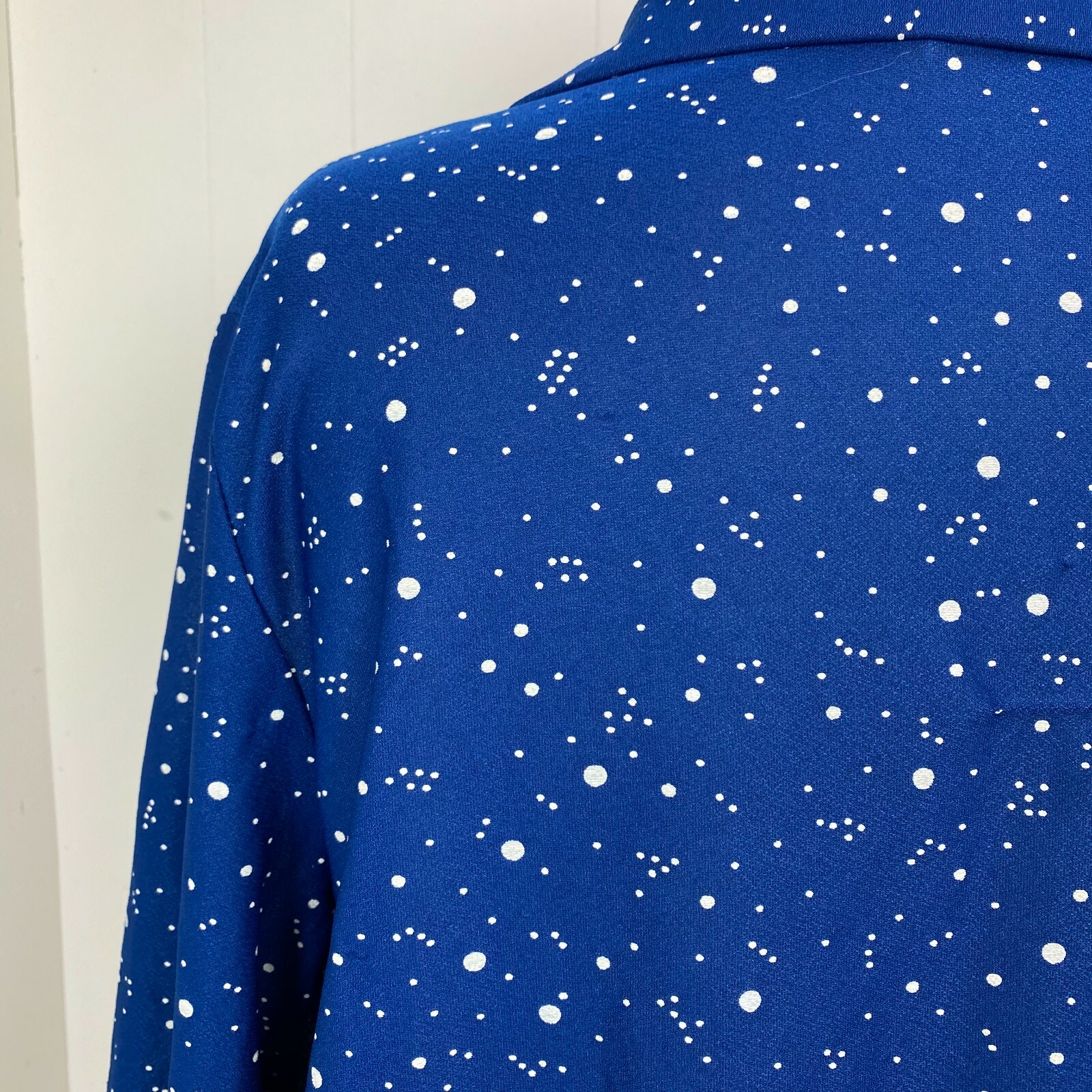 Vintage 70s Polyester Royal Blue & White Polka Dot Button Down Shirt