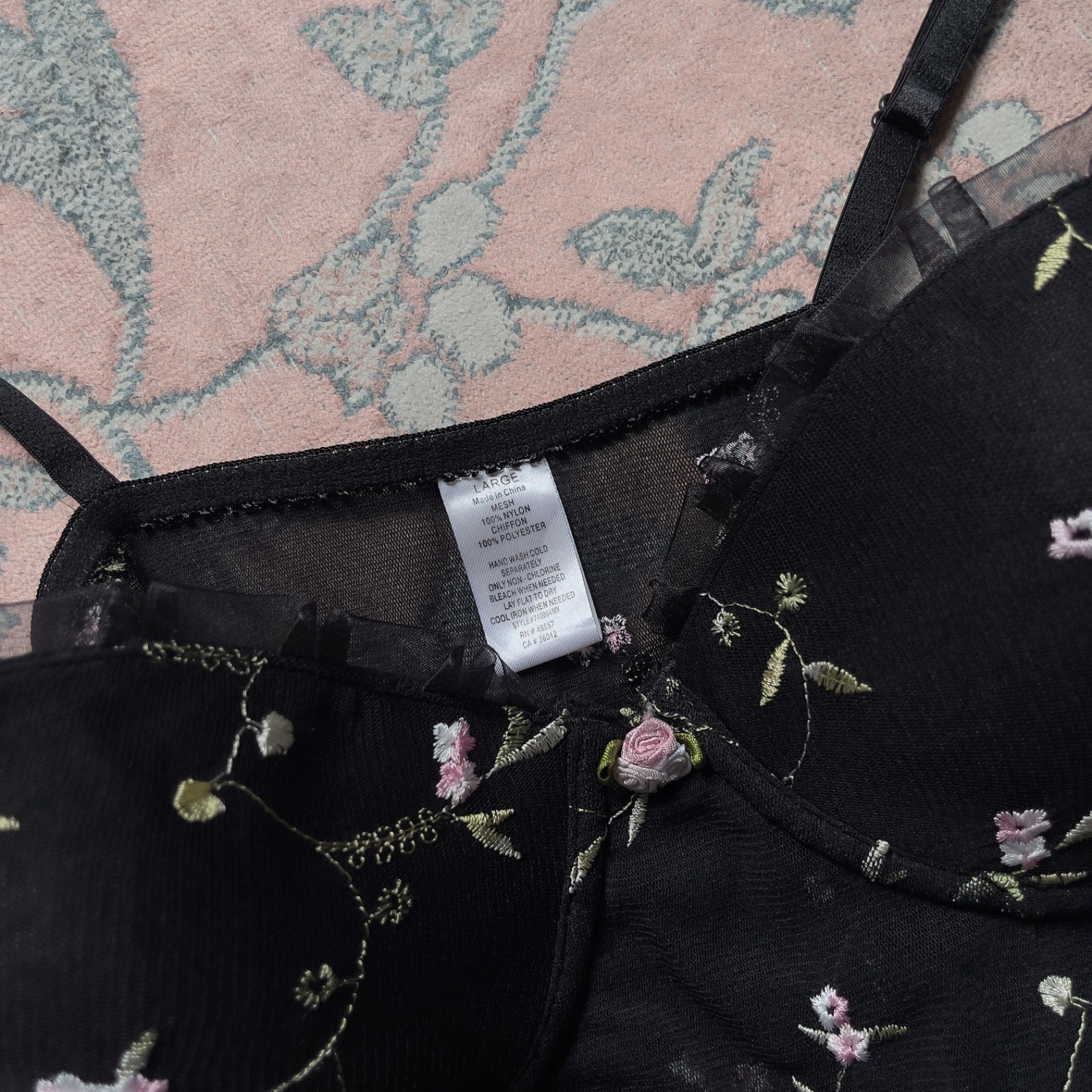 Romantic Y2K Black Floral Embroidered Semi-Sheer Mesh Slip Dress (M–L)