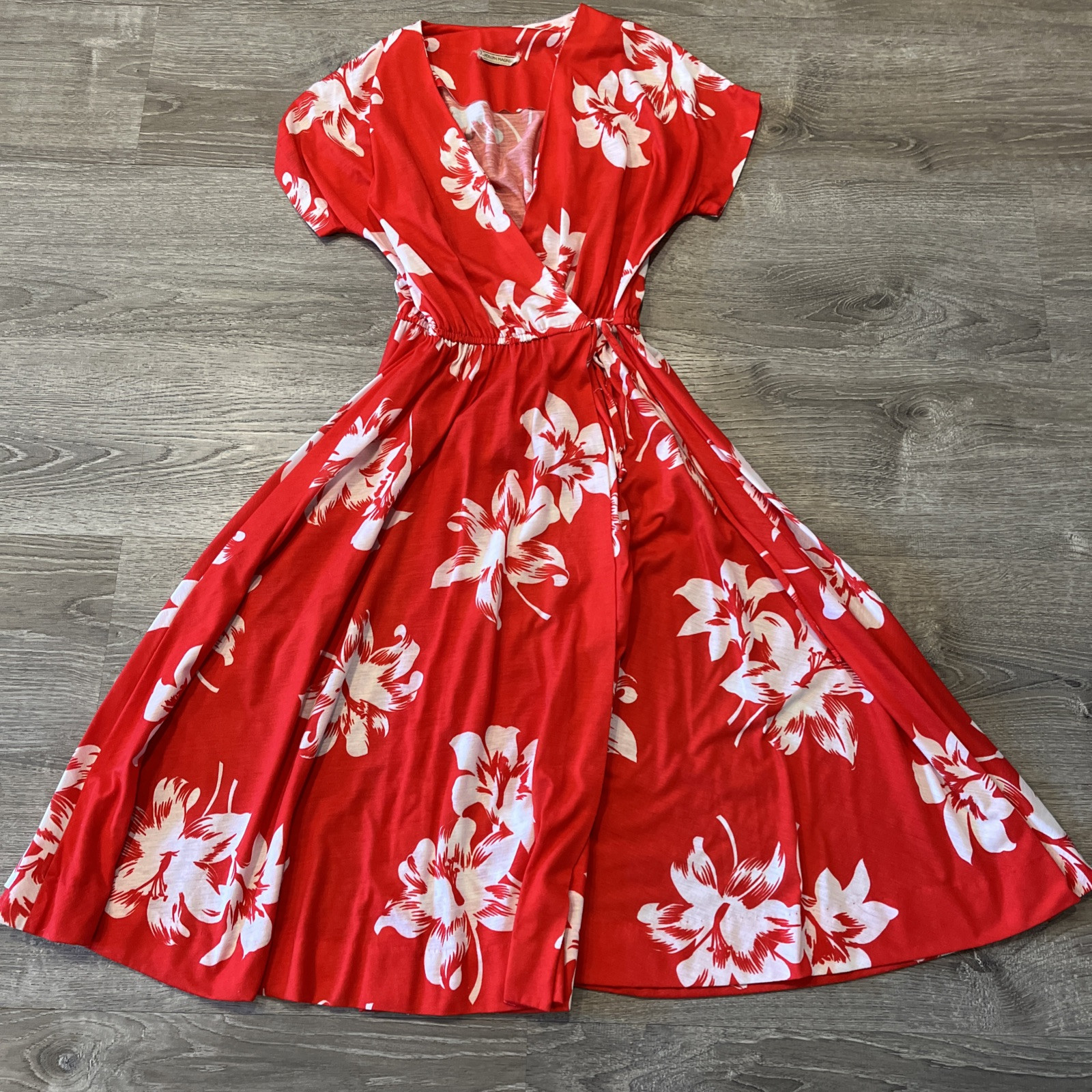 VTG Maxi Dress Joseph Magnin Designer 1970s Floral Red Wrap Hippy Boho Beach