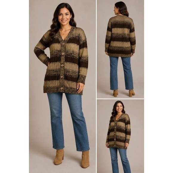 Stroller Vintage 70s Striped Cardigan Sweater Large Brown Tan Acrylic Knit Boho
