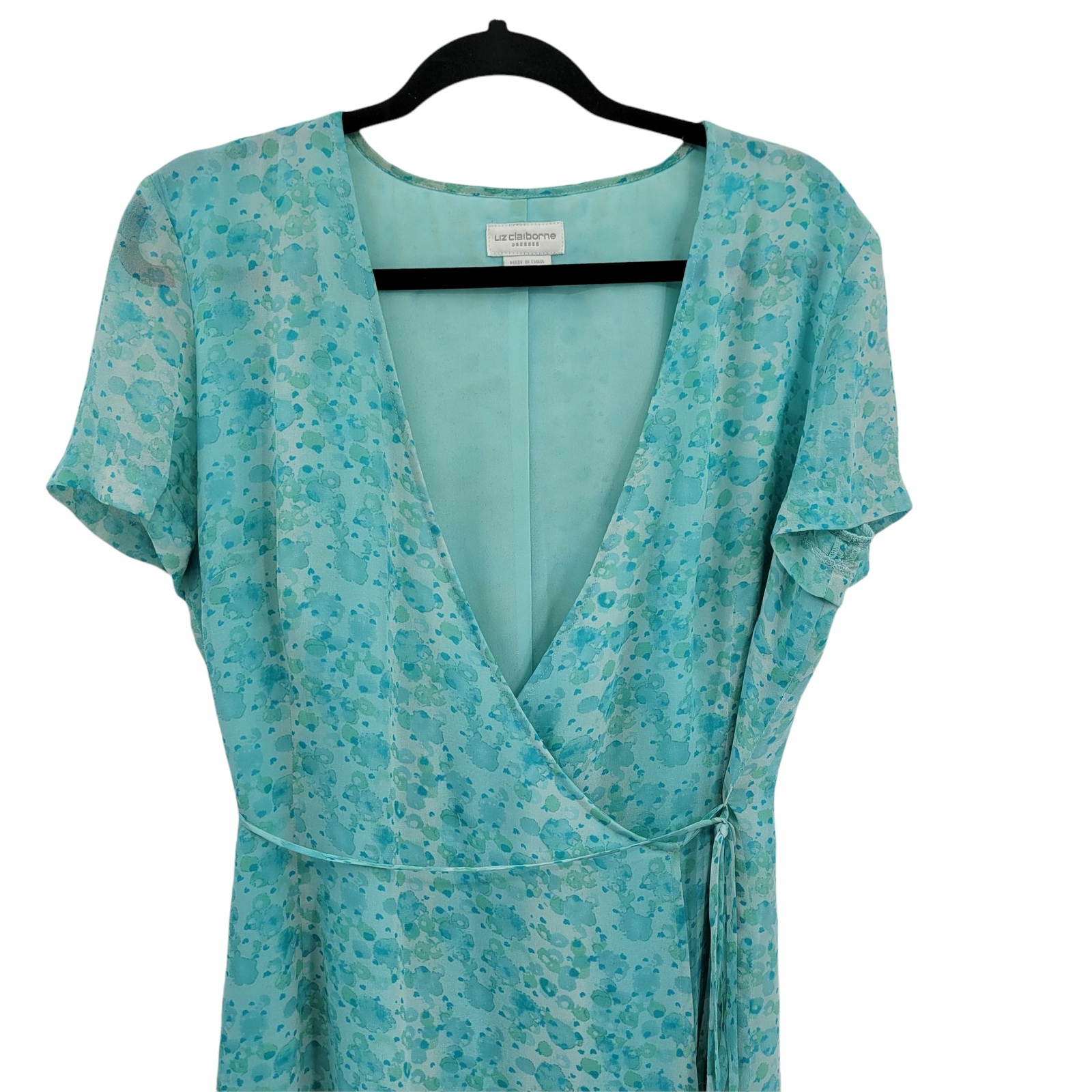 90’s Wrap Dress 10 Pastel Aqua Blue Ditzy Floral Short Sleeve Tea Length V-neck