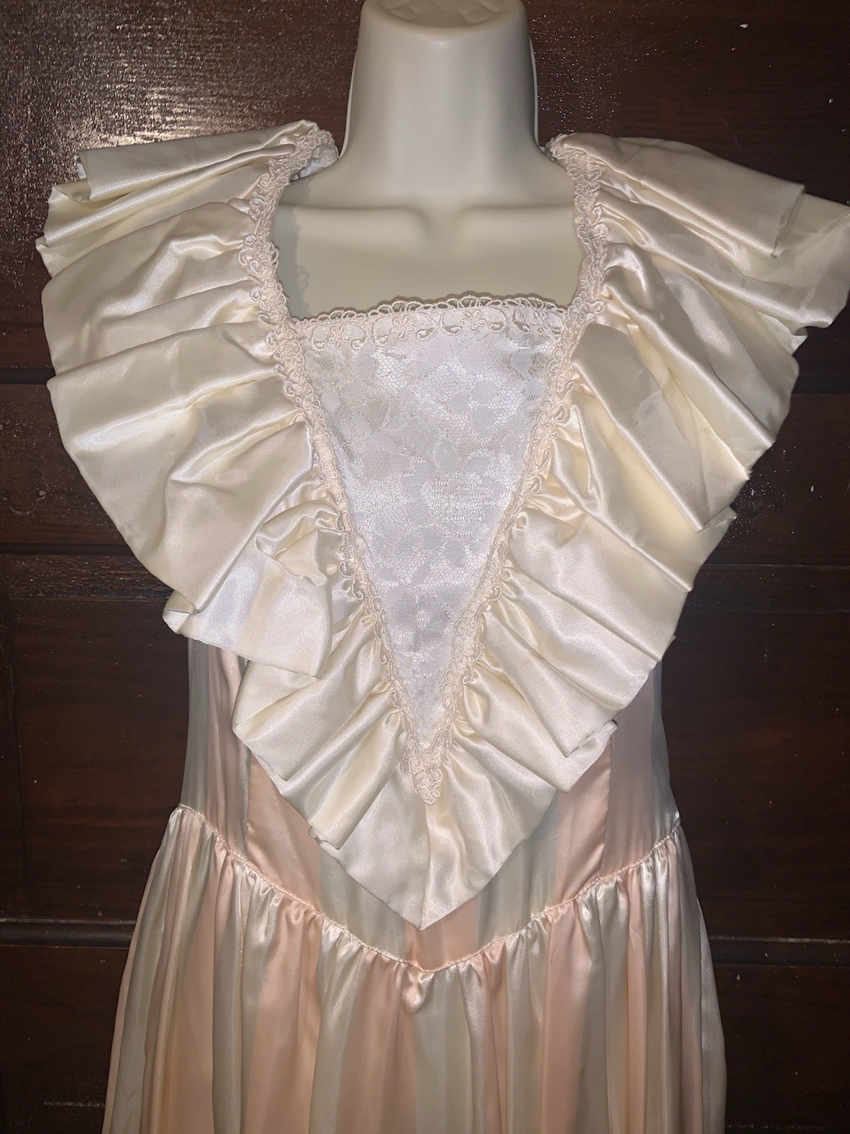 Vintage Gunne Sax Cream & Peach Stripe Satin Maxi Dress Sz 9