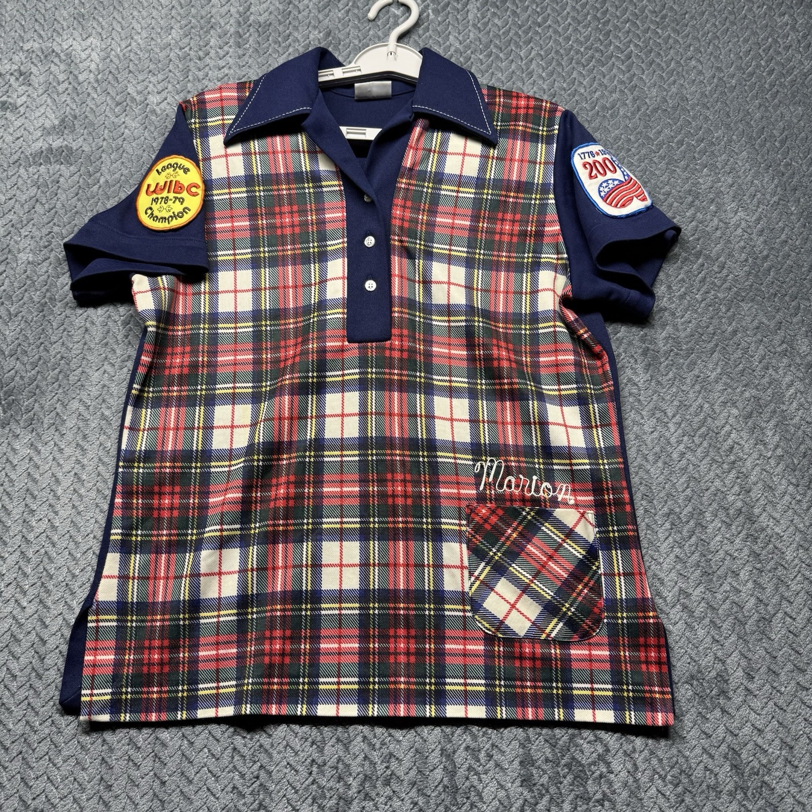 VTG King Louie Bowling Shirt S/M Plaid WIBC 1776–1976 Bicentennial USA Marion