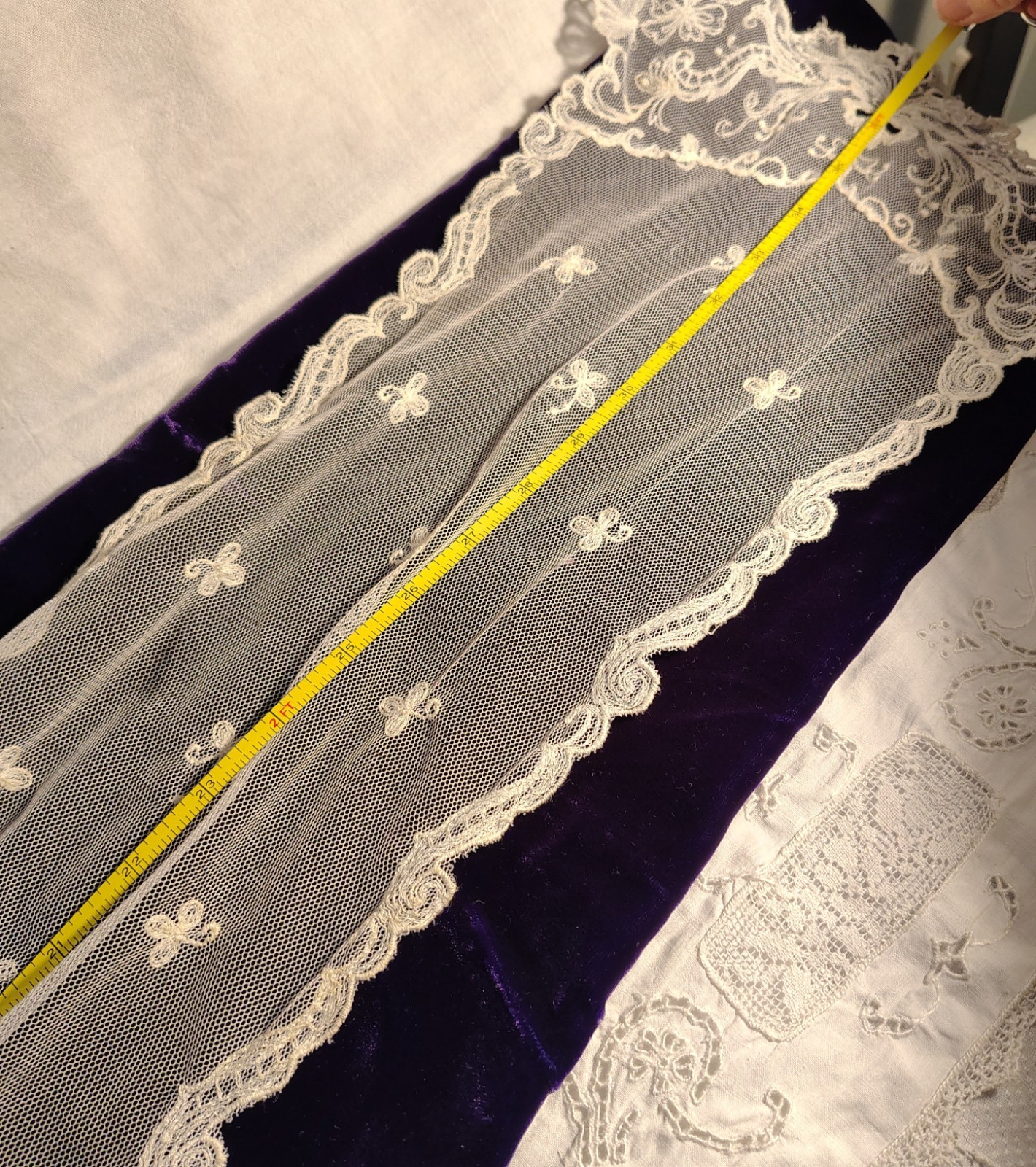 Vintage Lappet Scarf 36″ Ivory Net Lace Machine Embroidered Rectangle Runner