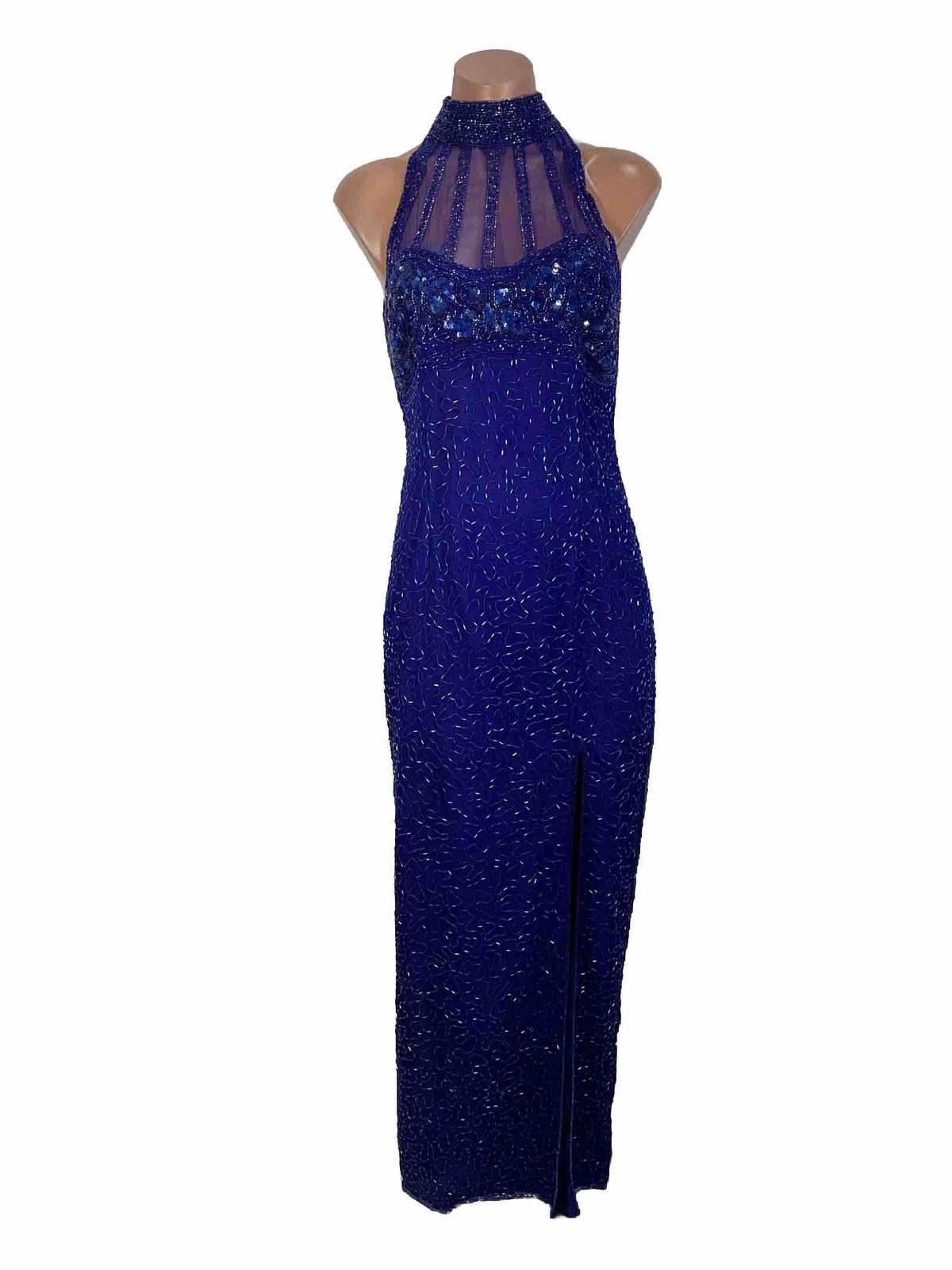 Vtg 90s y2k Papell Boutique Evening Dress 4 Silk Beaded Maxi Gown Fairy Prom