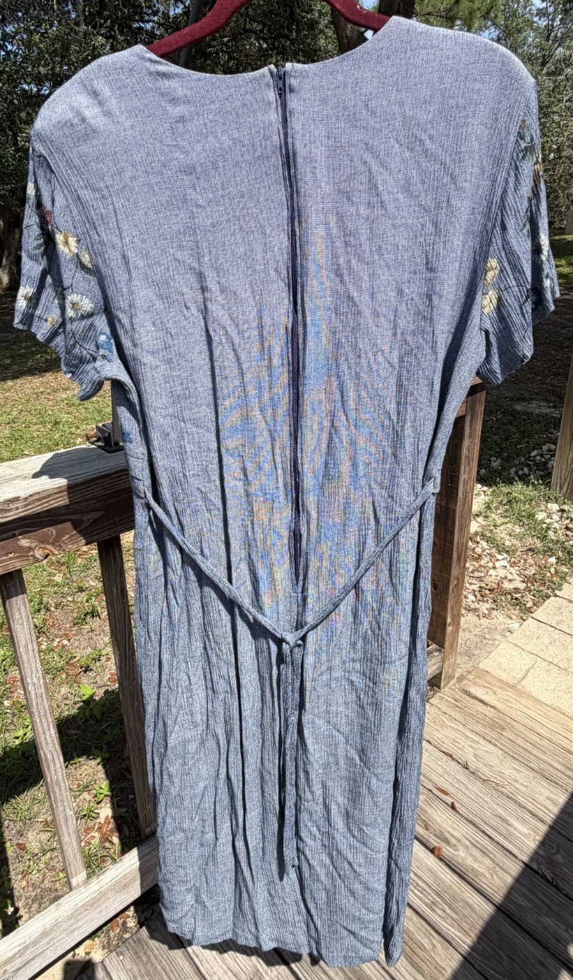 Vintage 1990s Just in Thyme Ltd Rayon Blue Floral Print Dress Sz16 Shoulder Pads