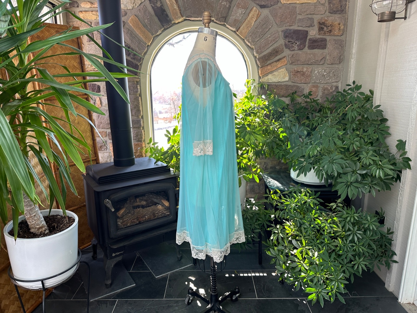 Vintage 1970s Turquoise Blue Nylon and Ivory Lace Nightgown