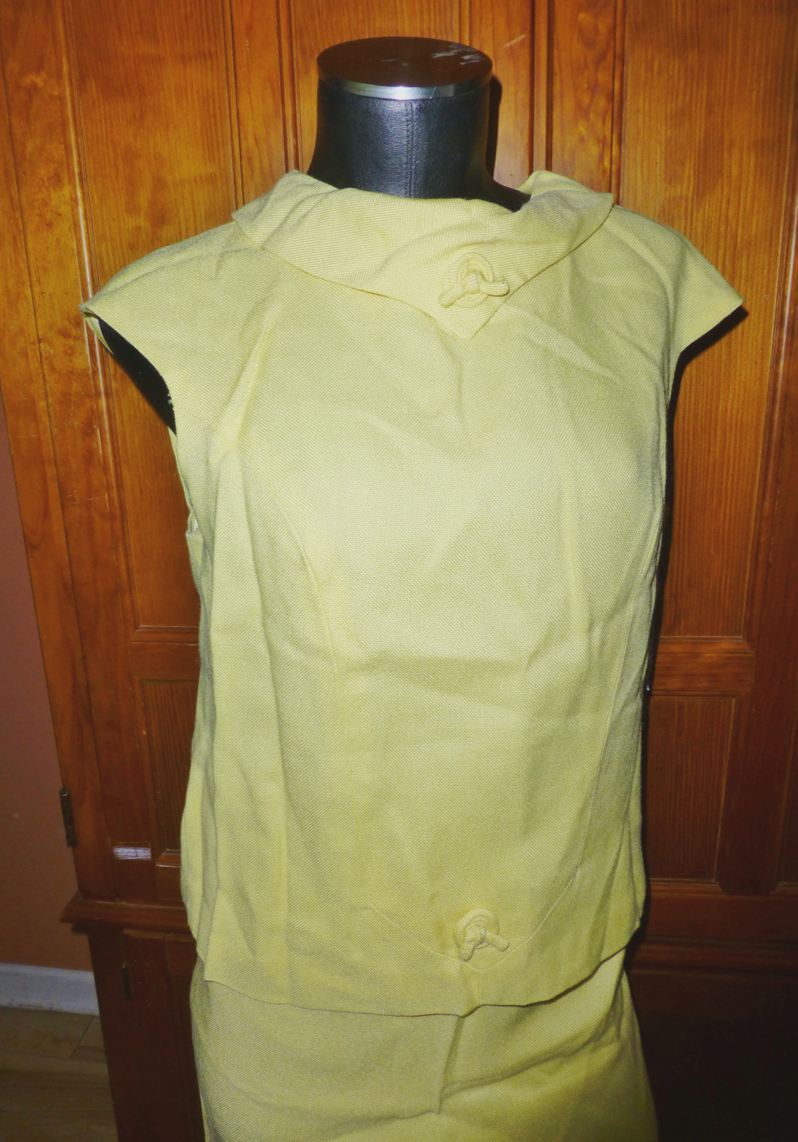NOS Vtg 60s ROSECREST MOD Linen Yellow 2pc DRESS Pencil SKIRT Blouse Top SET
