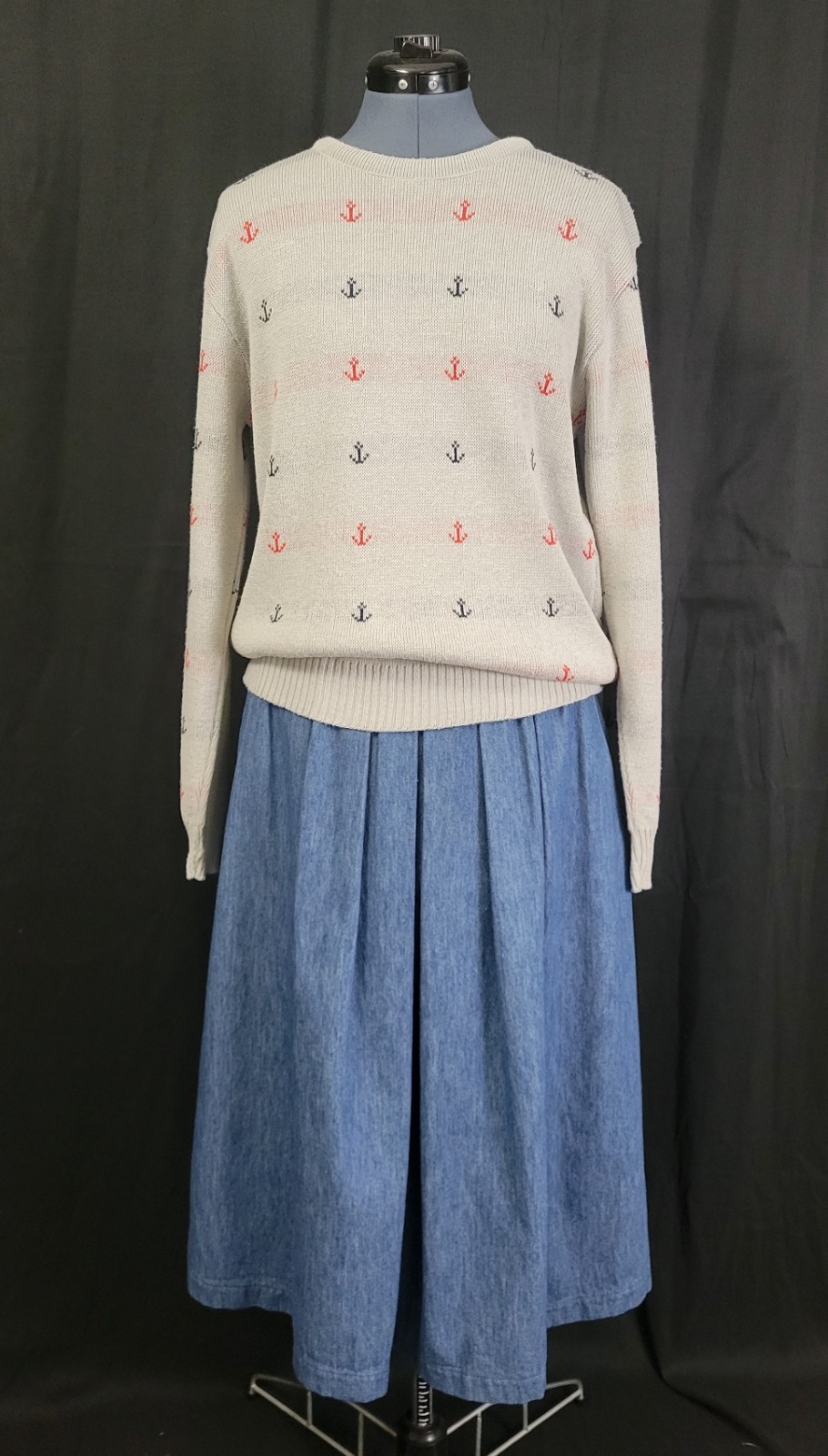 Vtg Jersild Grey Crew Neck Sweater w Blue & Red Boat Anchors Nautical Size Med