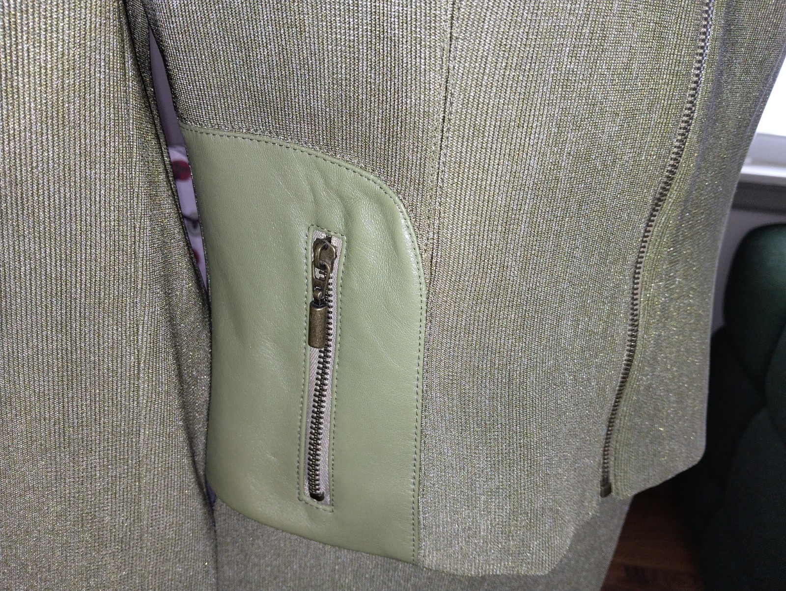 1980s Alberto Makali Skirt Suit Size 8 Olive Green Leather Trim USA Made