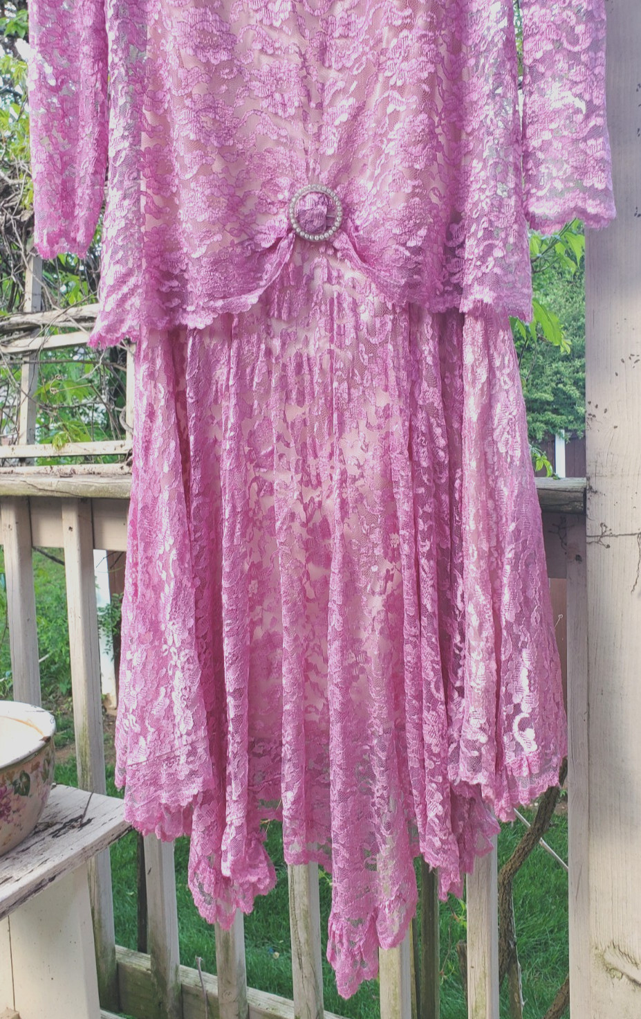 VTG JC Penney 80’s Dress Women’s Pink Lace Overlay Flare Handkerchief Hem MOB